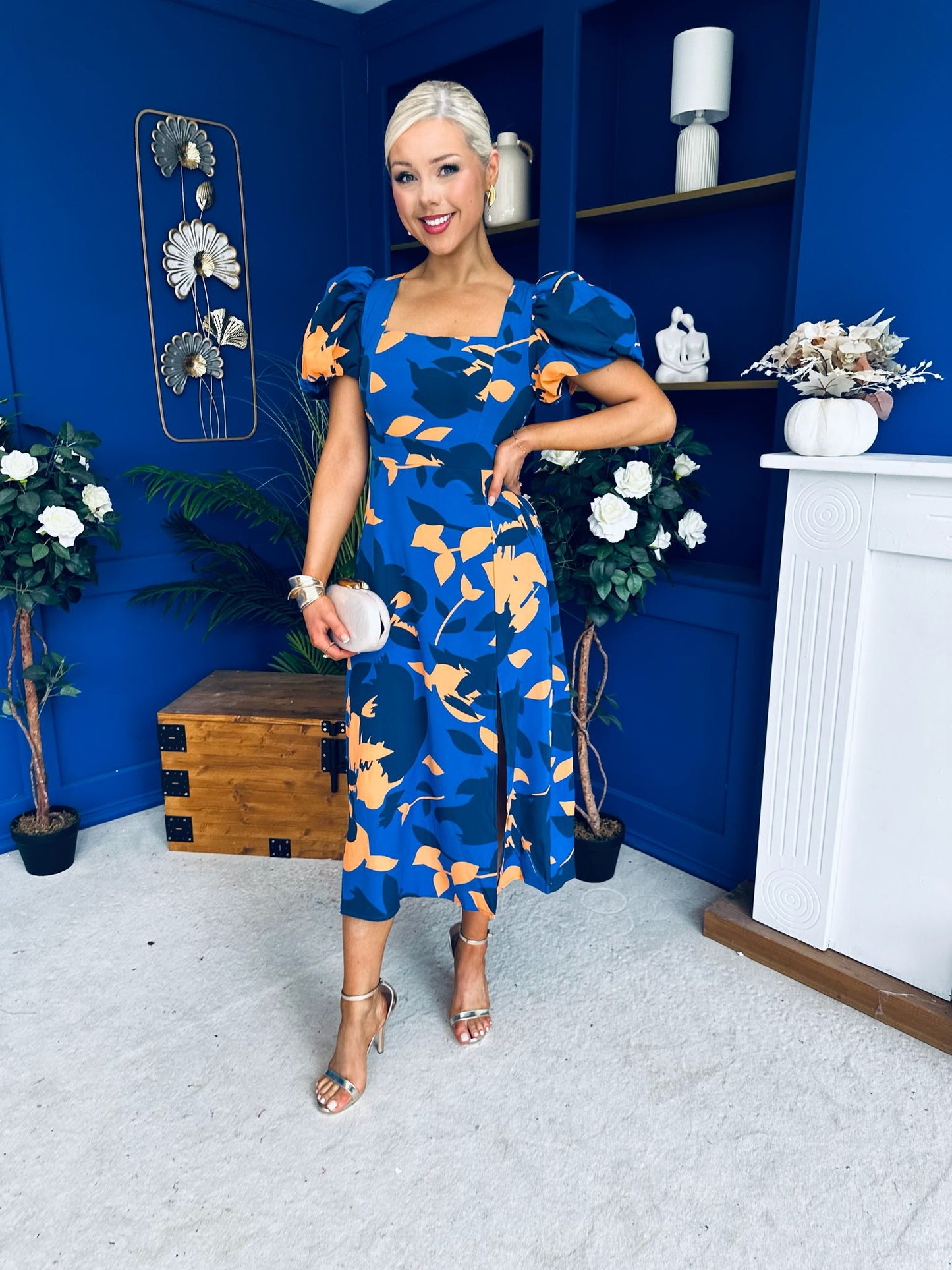 Shanice Floral Square Neck Midi Dress Cobalt