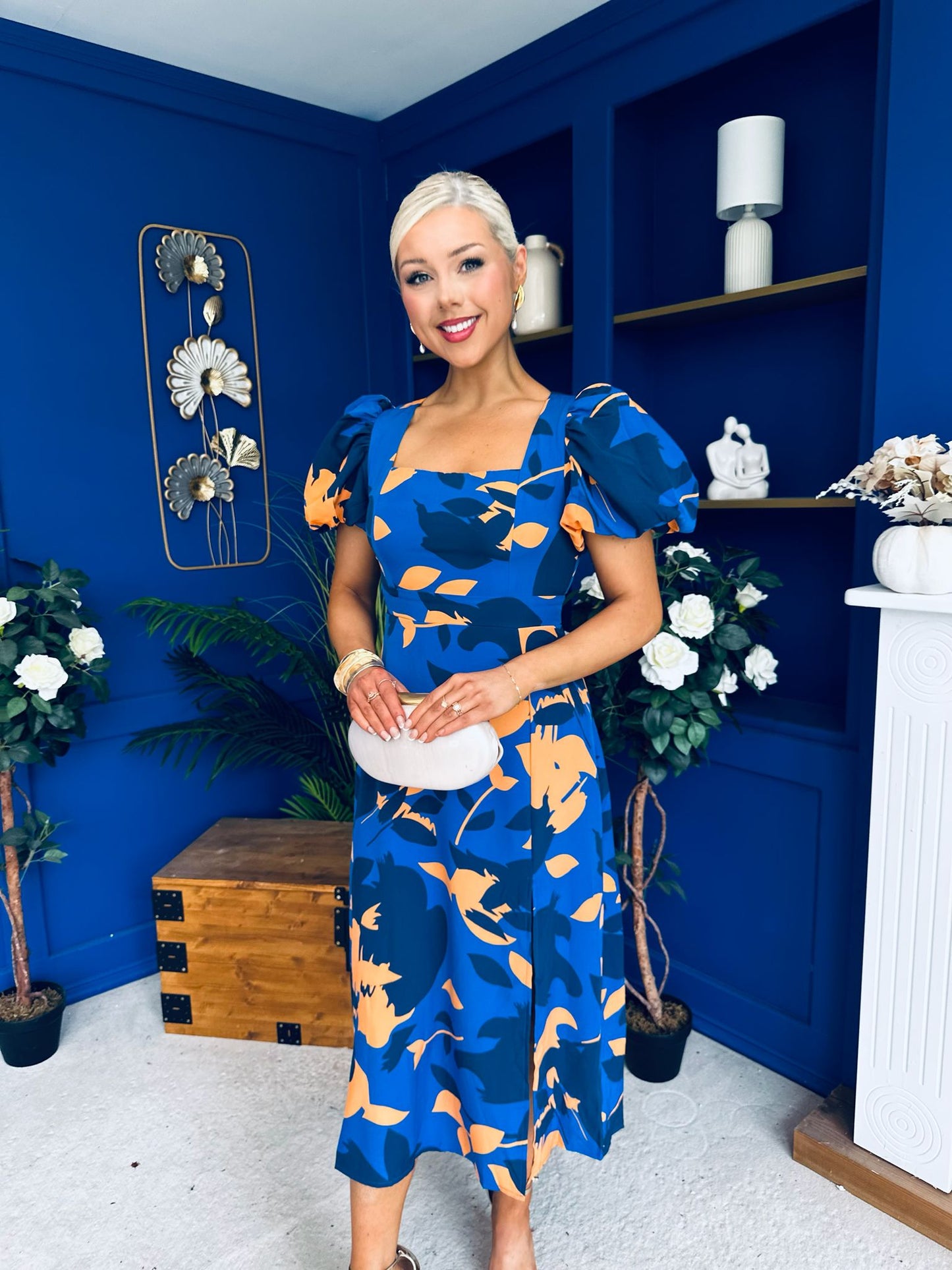 Shanice Floral Square Neck Midi Dress Cobalt