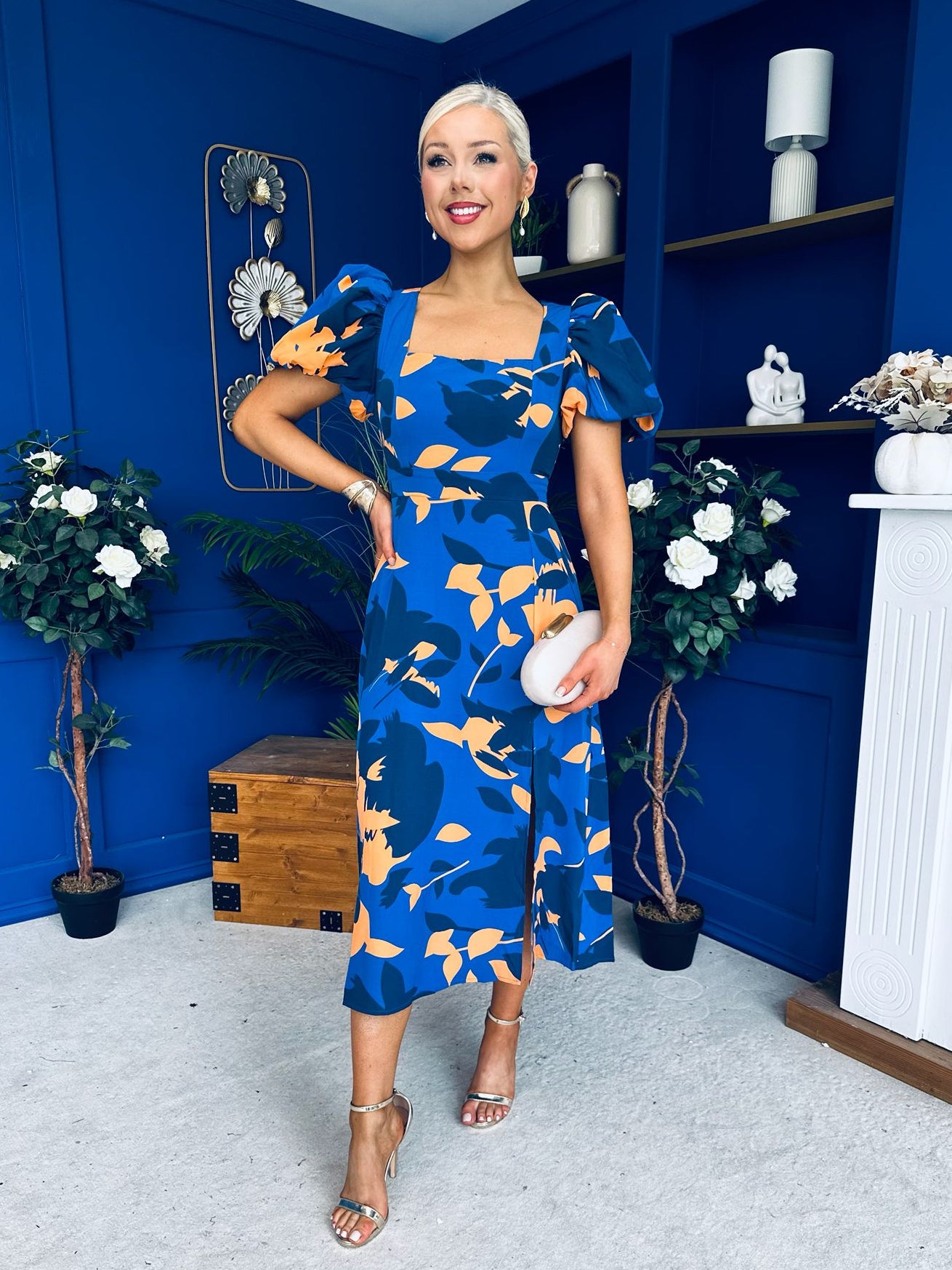 Shanice Floral Square Neck Midi Dress Cobalt