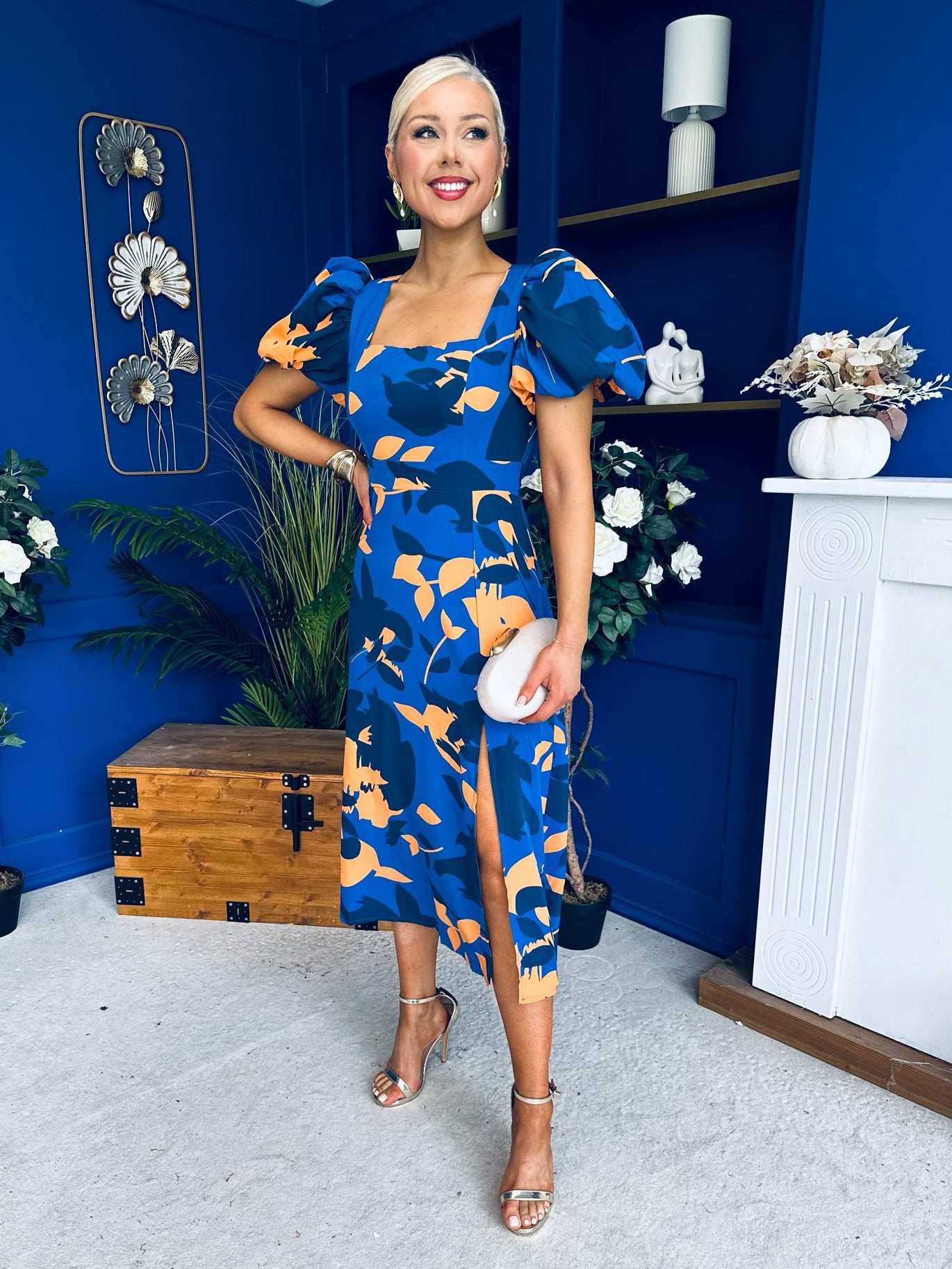 Shanice Floral Square Neck Midi Dress Cobalt