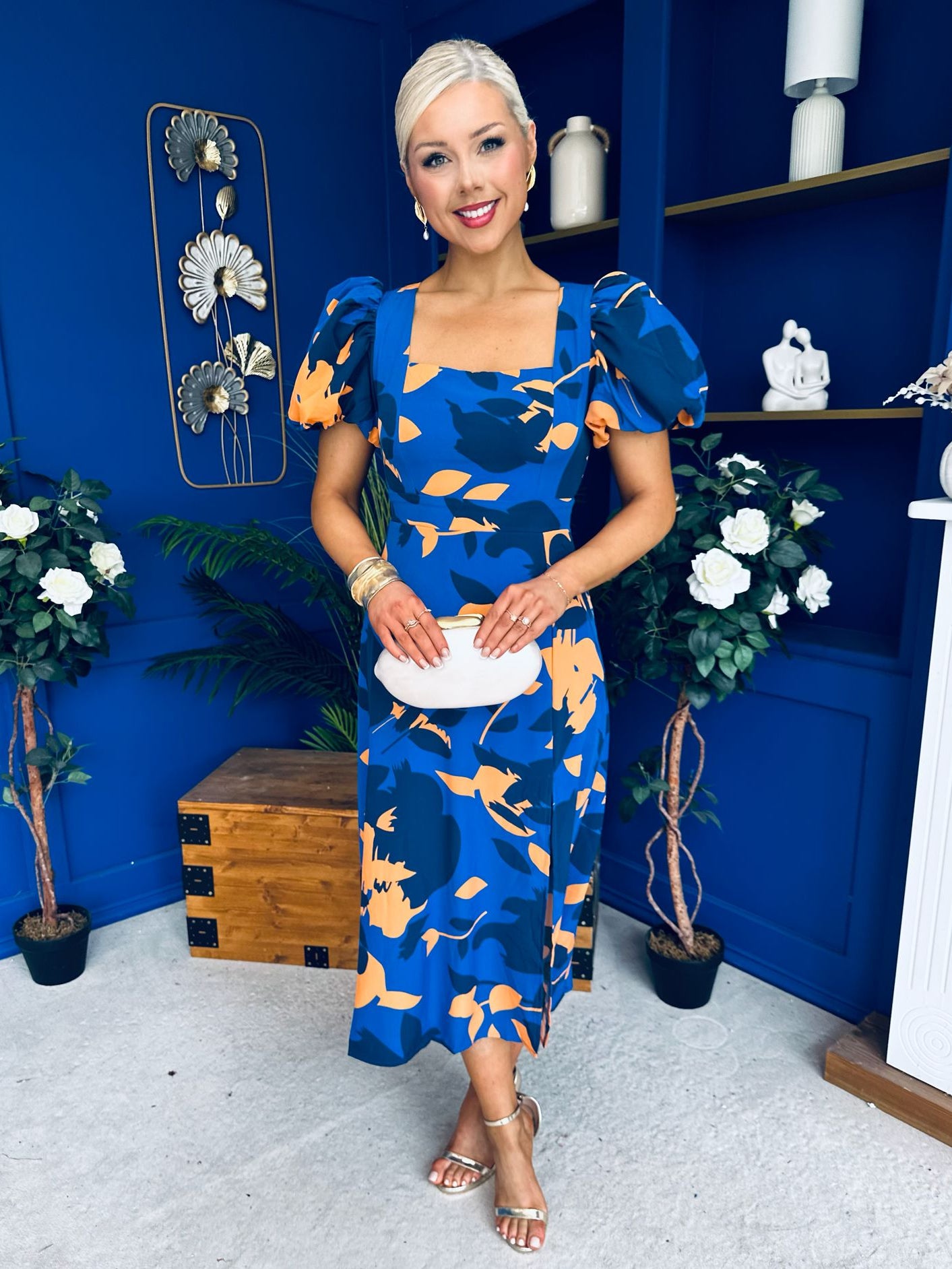 Shanice Floral Square Neck Midi Dress Cobalt