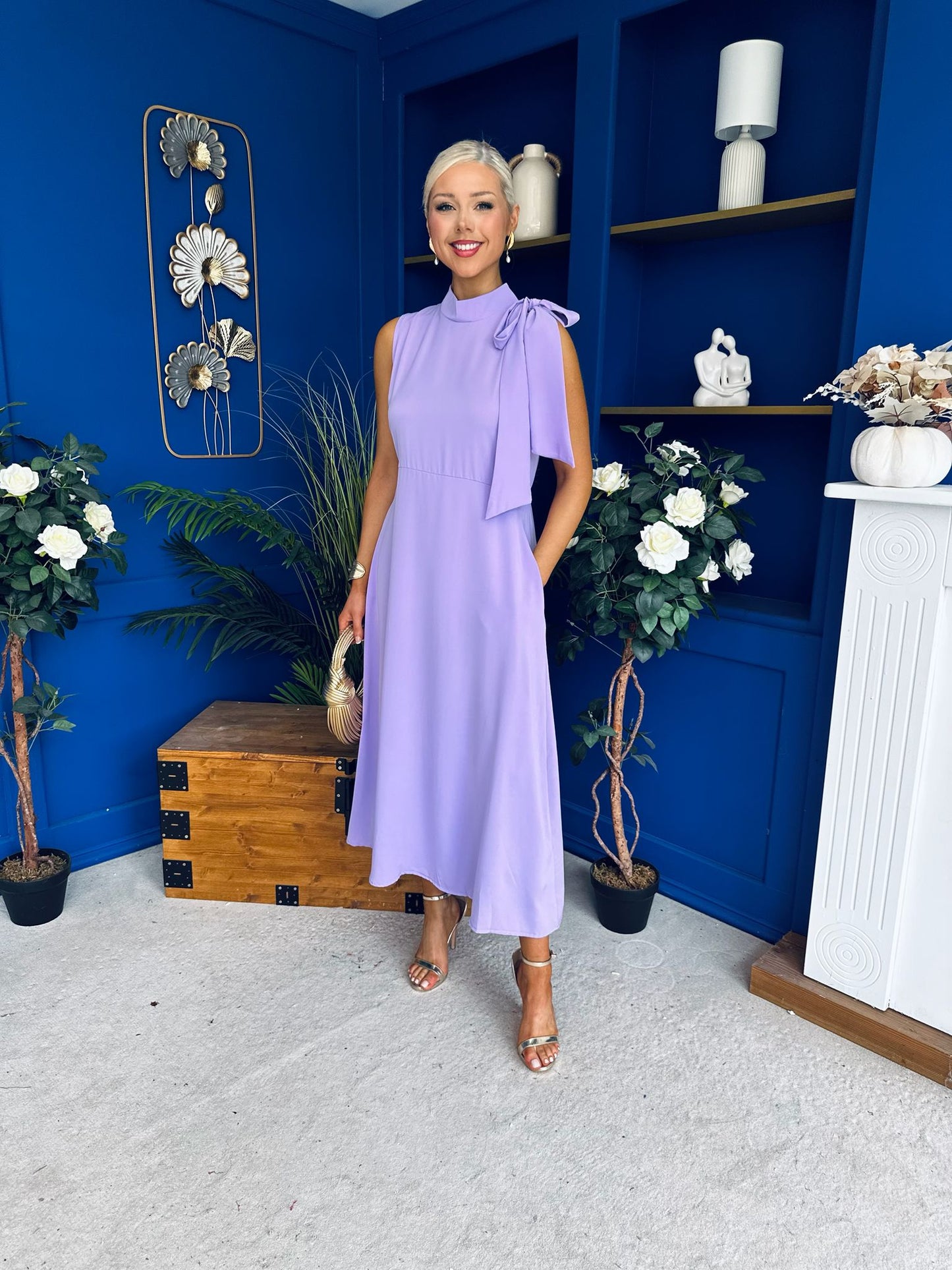 Joanna High Neck Bow Detail Midi Dress Lilac