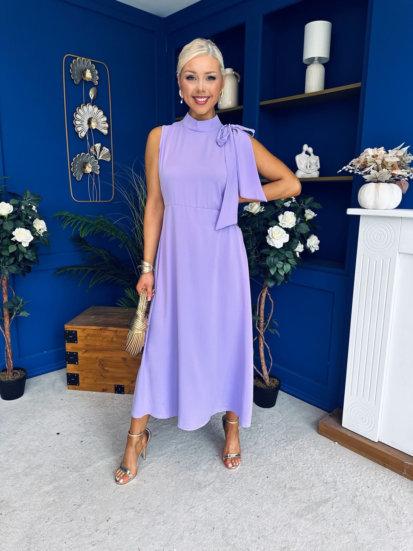Joanna High Neck Bow Detail Midi Dress Lilac