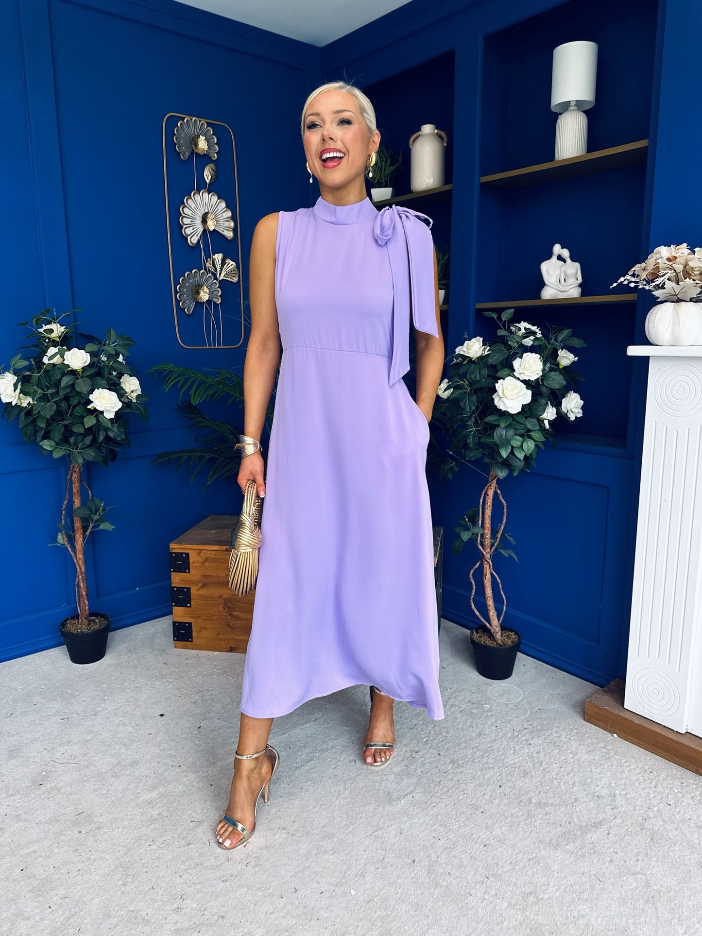 Joanna High Neck Bow Detail Midi Dress Lilac