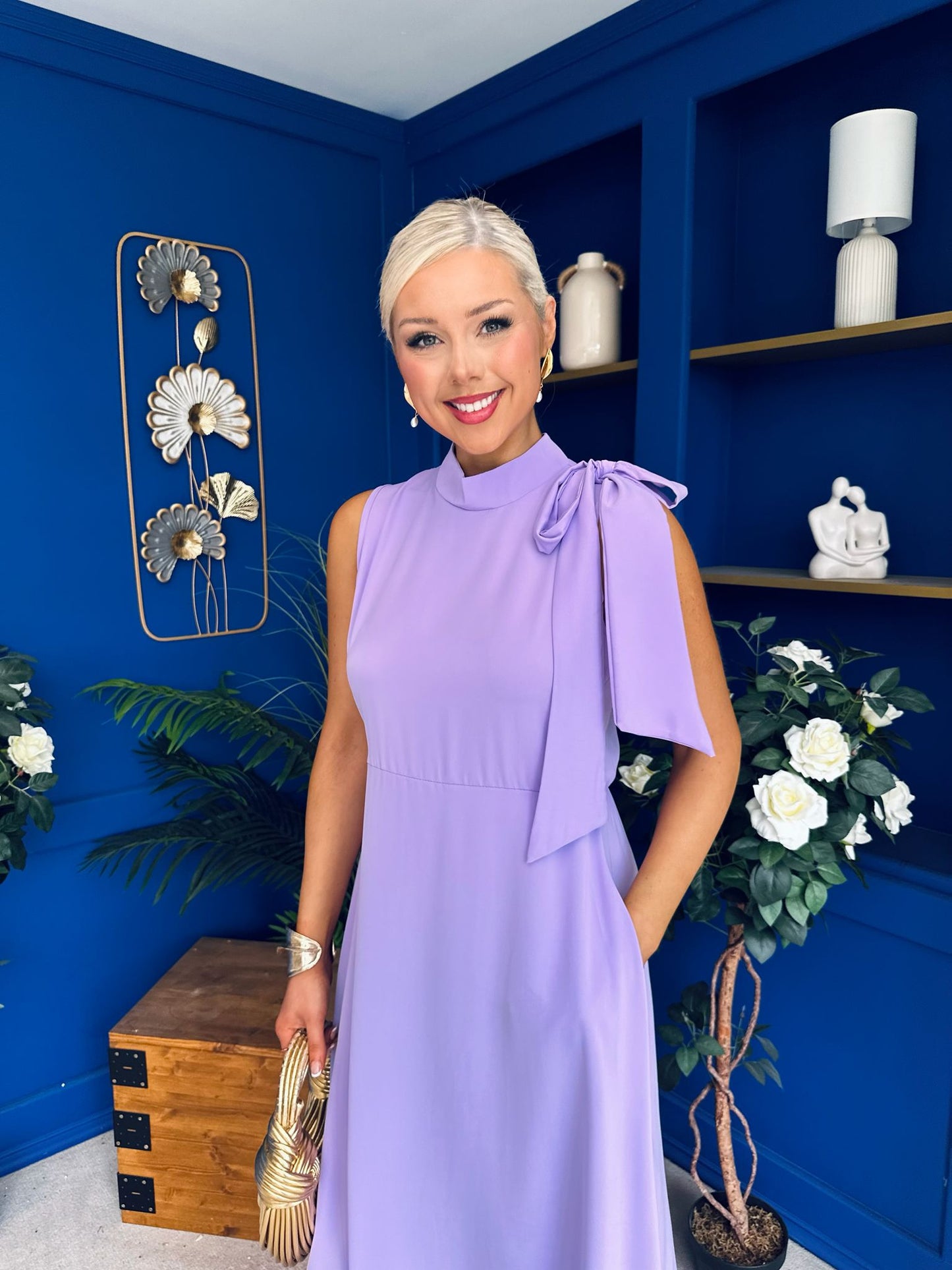 Joanna High Neck Bow Detail Midi Dress Lilac
