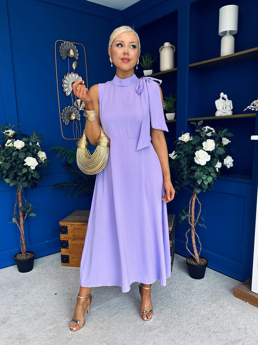 Joanna High Neck Bow Detail Midi Dress Lilac