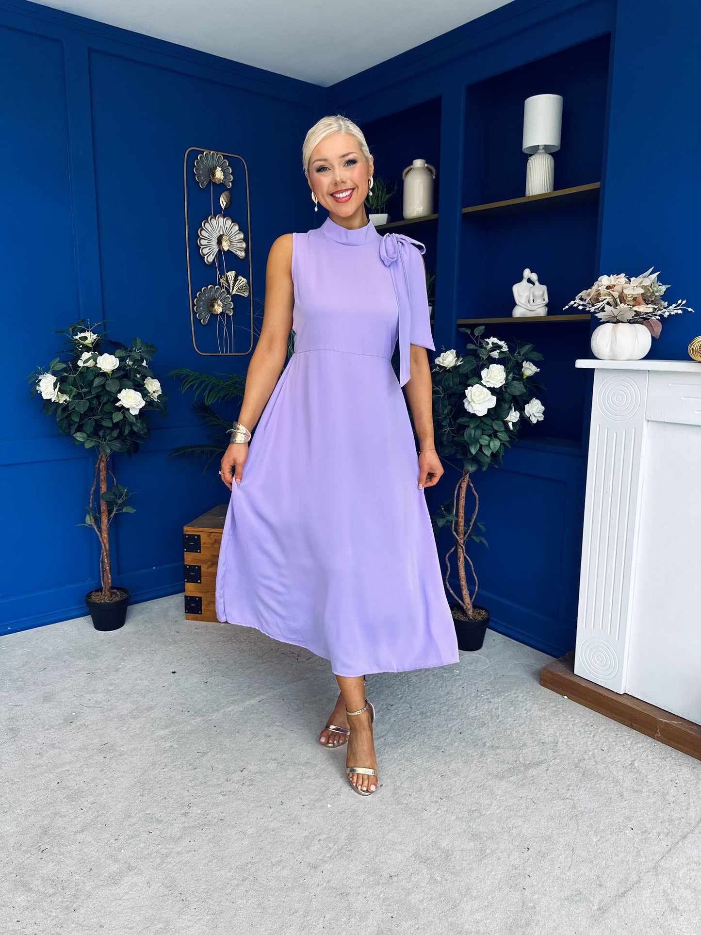 Joanna High Neck Bow Detail Midi Dress Lilac