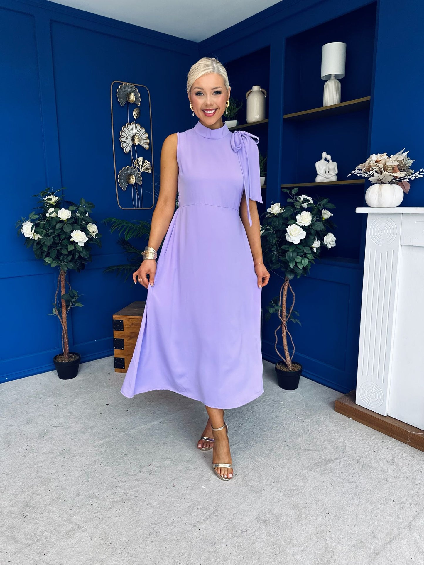 Joanna High Neck Bow Detail Midi Dress Lilac