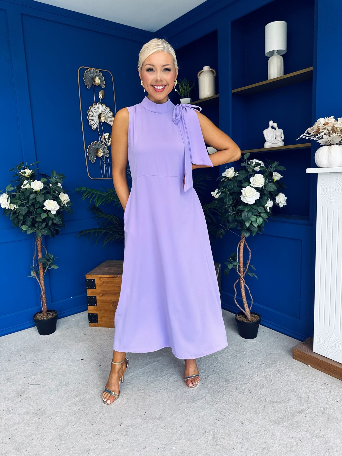 Joanna High Neck Bow Detail Midi Dress Lilac