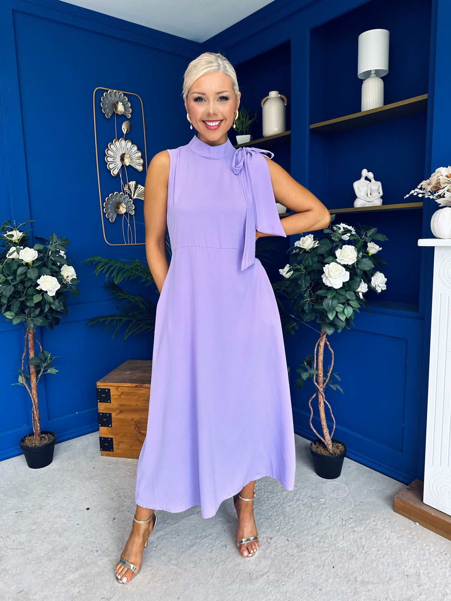 Joanna High Neck Bow Detail Midi Dress Lilac