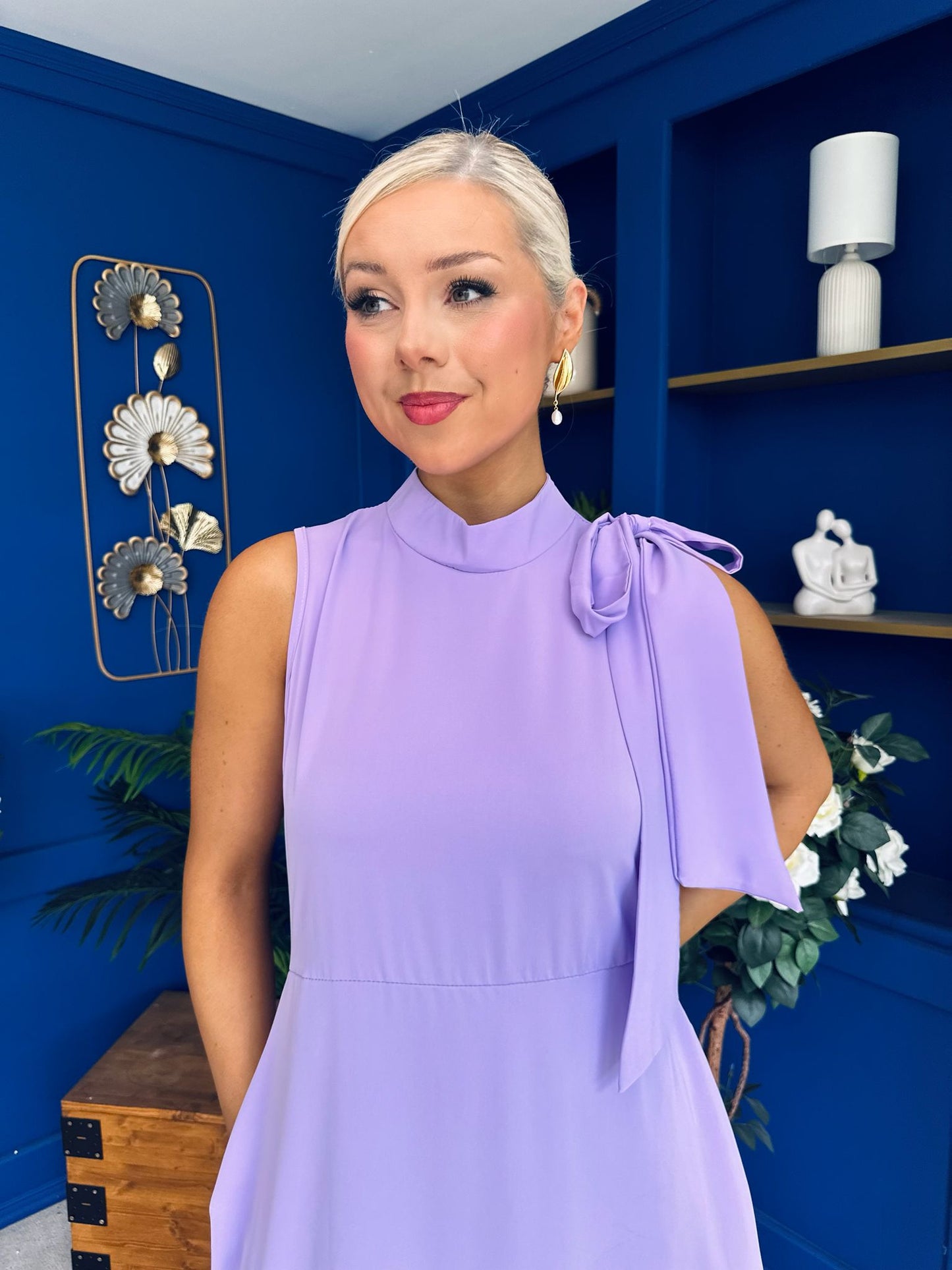 Joanna High Neck Bow Detail Midi Dress Lilac