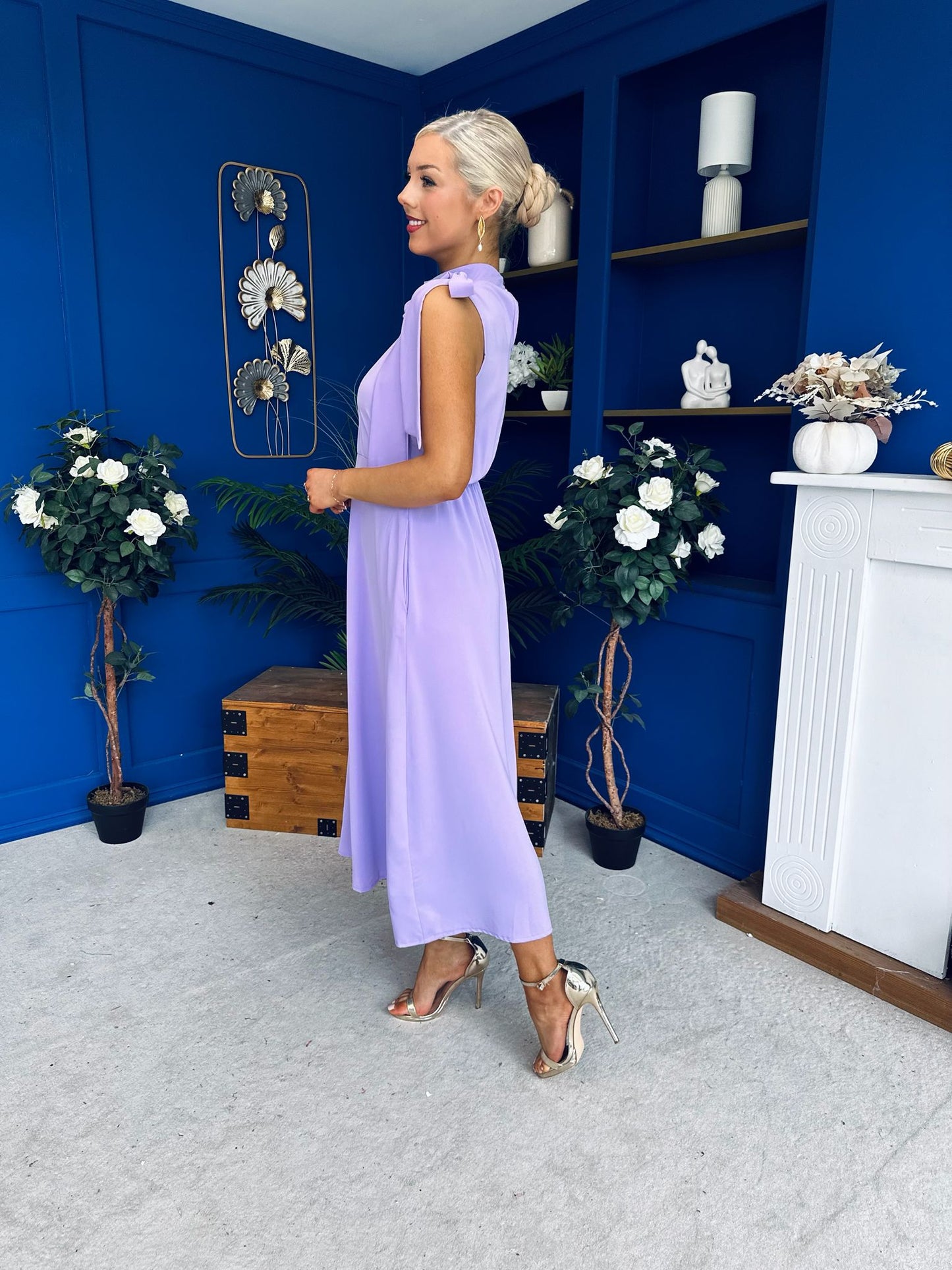 Joanna High Neck Bow Detail Midi Dress Lilac