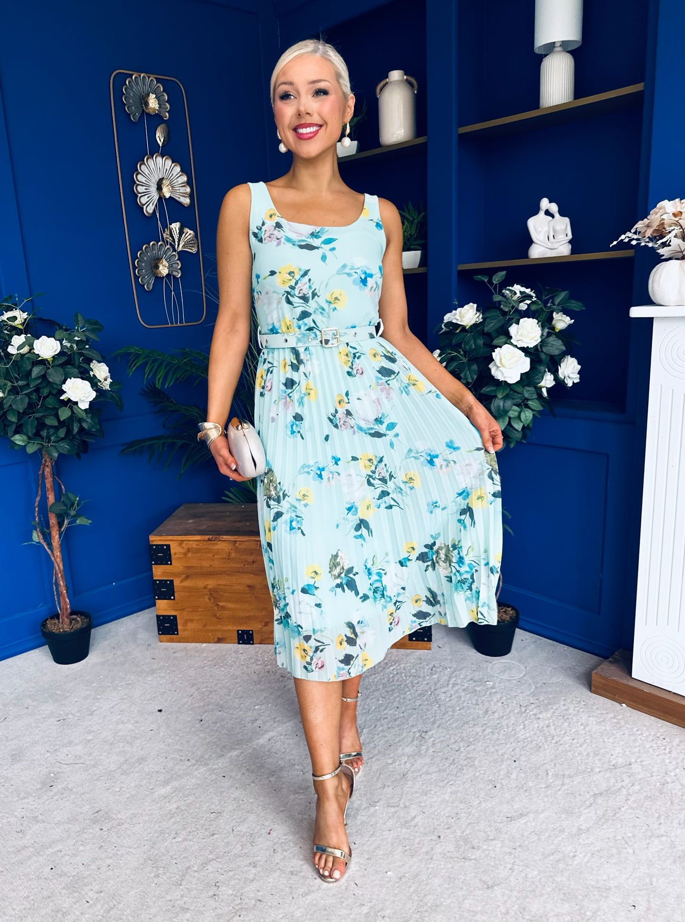 Sorcha Pleated Midi Dress Floral Mint