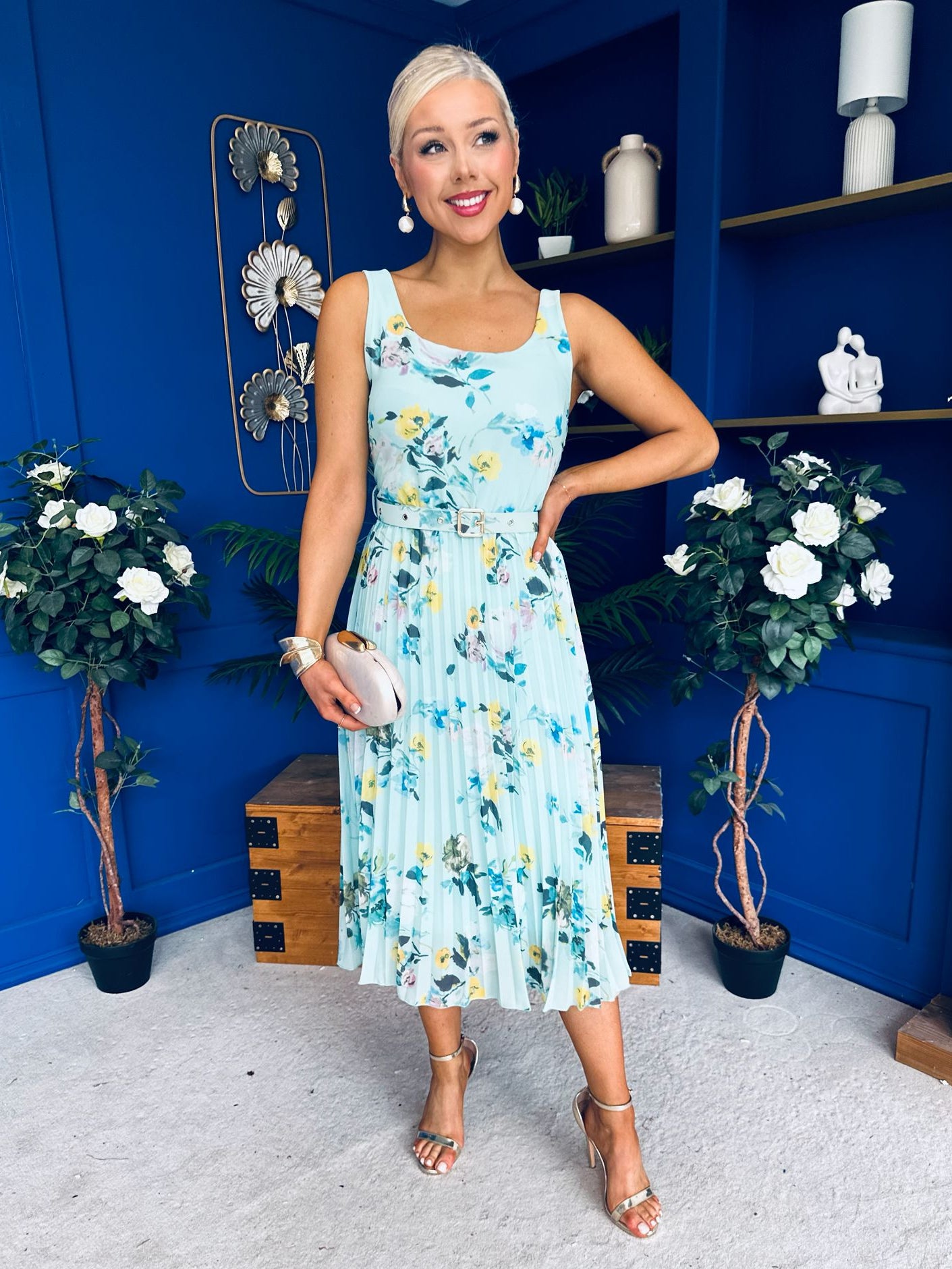 Sorcha Pleated Midi Dress Floral Mint