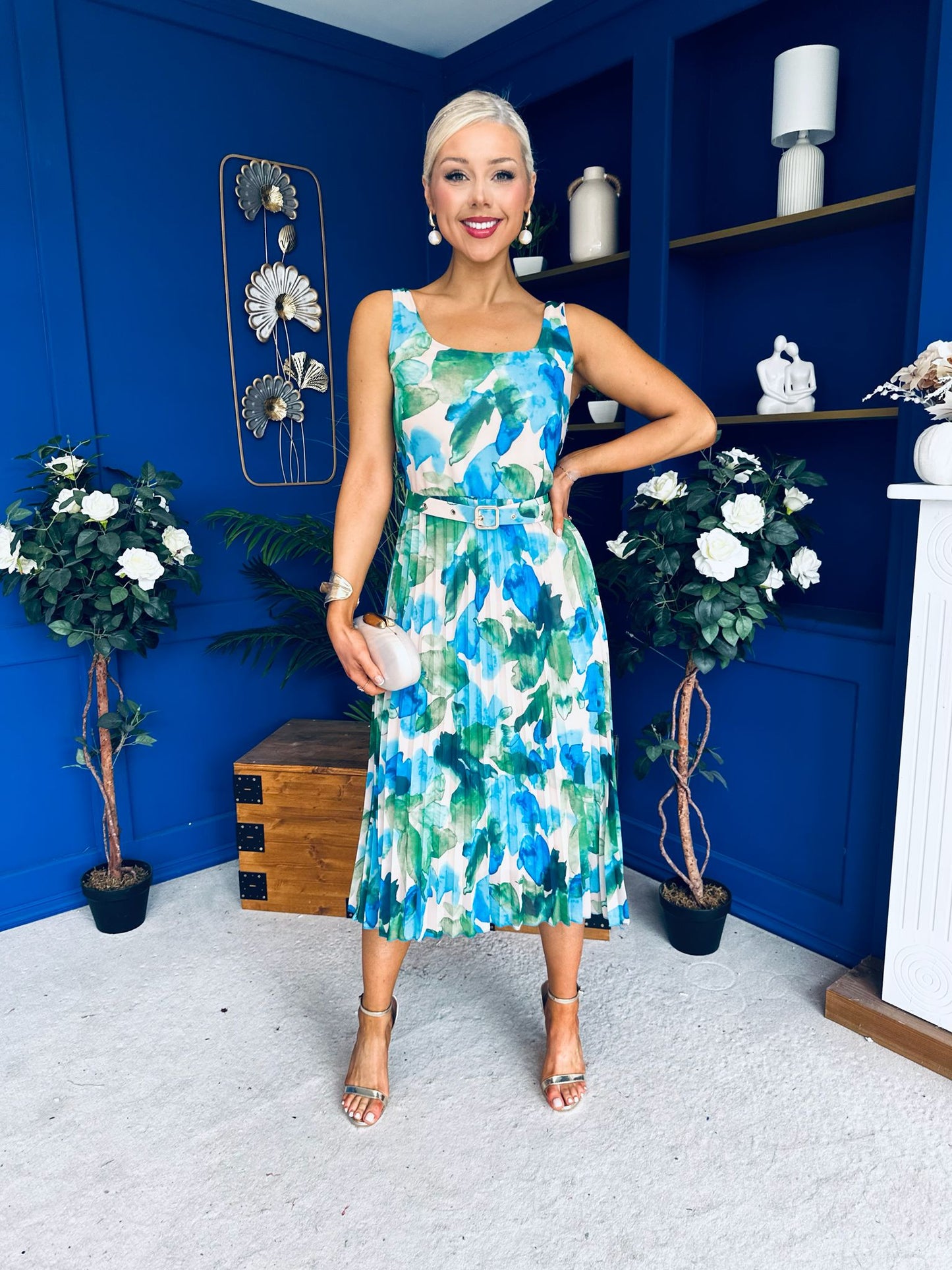 Sorcha Pleated Midi Dress Floral Blue