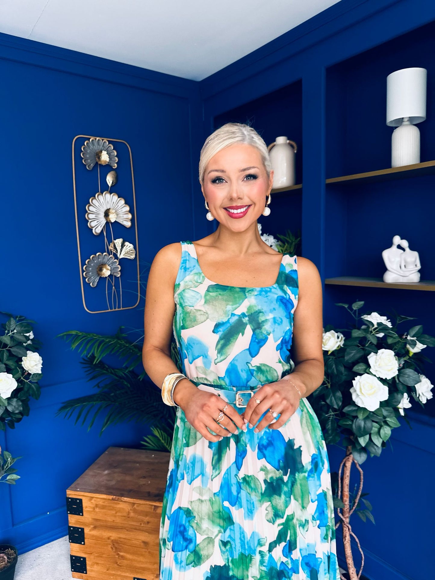 Sorcha Pleated Midi Dress Floral Blue