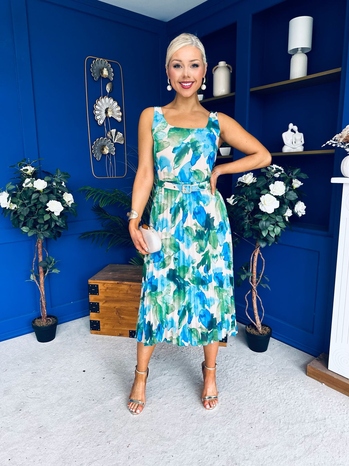 Sorcha Pleated Midi Dress Floral Blue