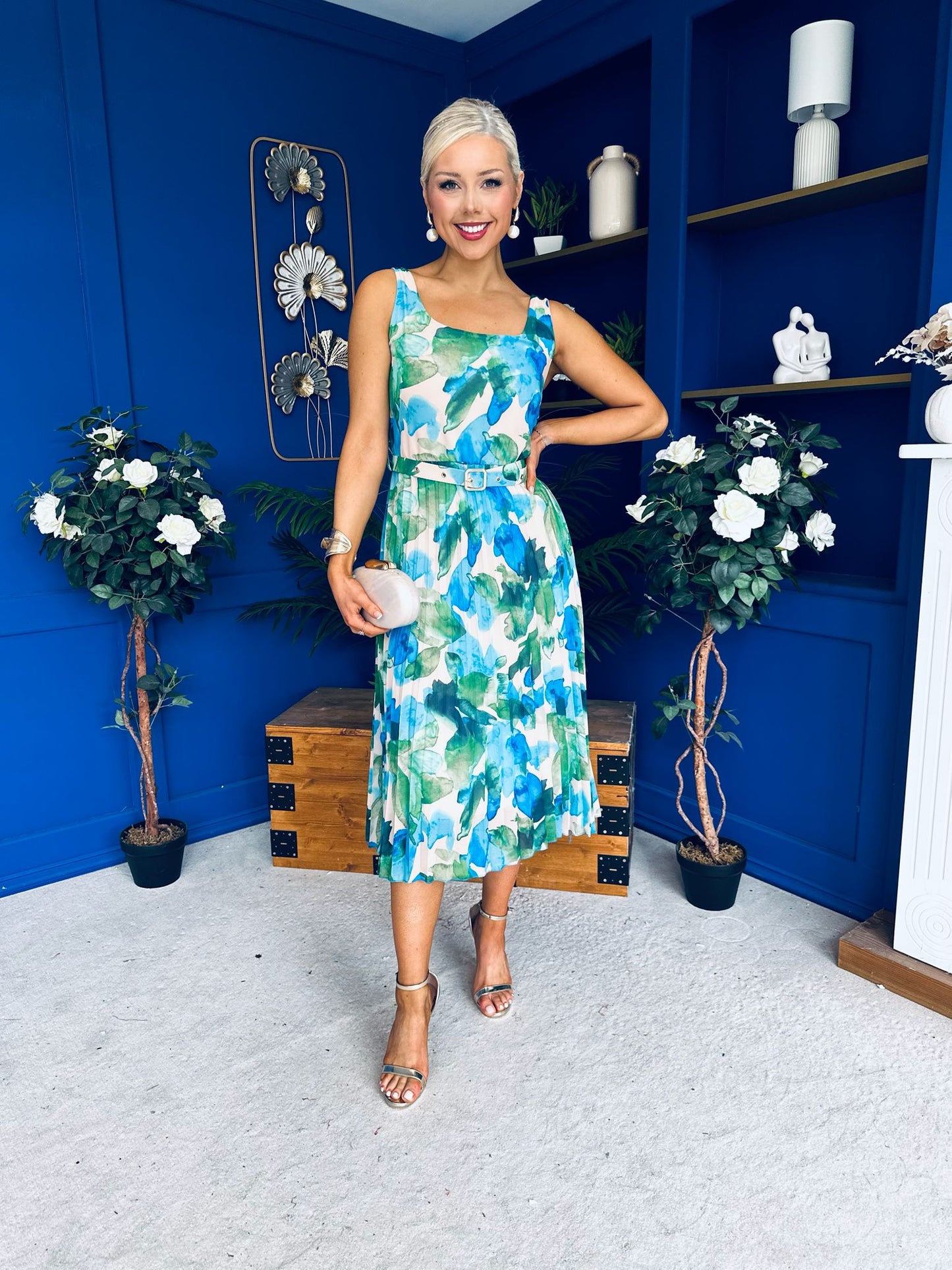 Sorcha Pleated Midi Dress Floral Blue