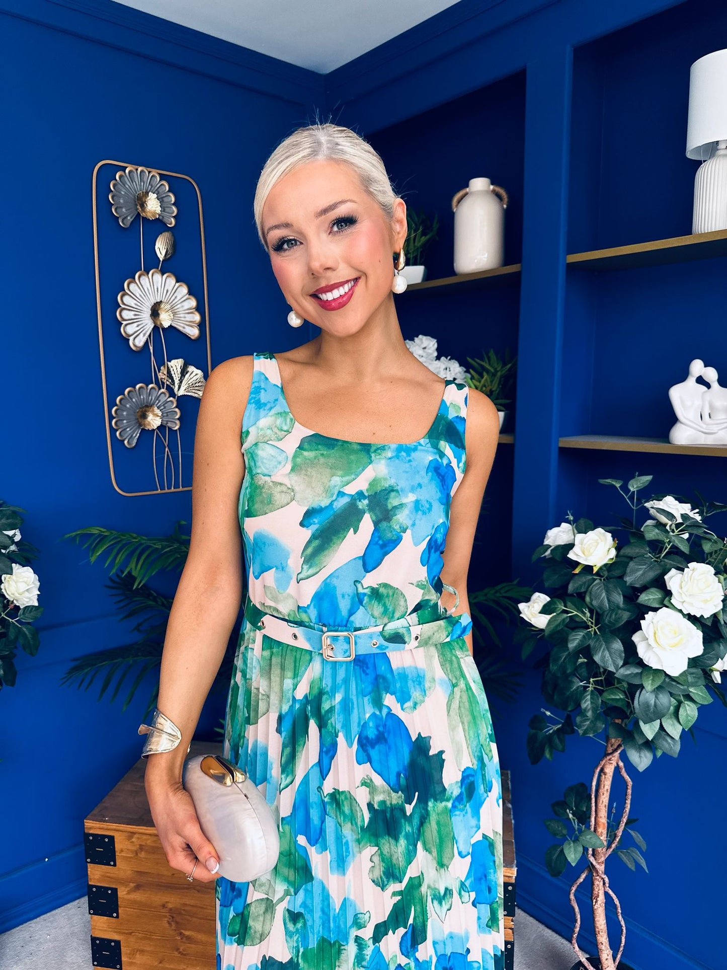 Sorcha Pleated Midi Dress Floral Blue