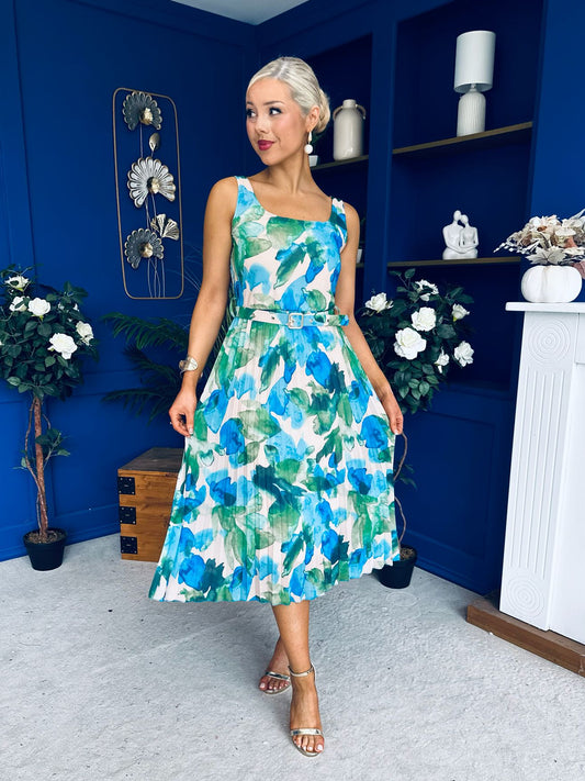 Sorcha Pleated Midi Dress Floral Blue