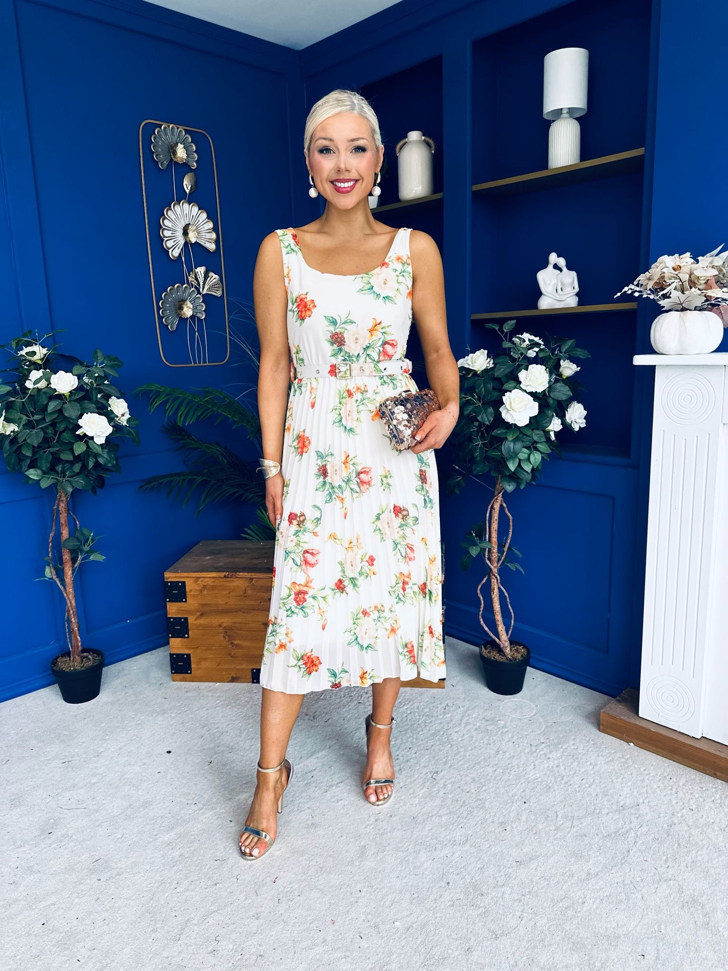 Sorcha Pleated Midi Dress Floral Cream