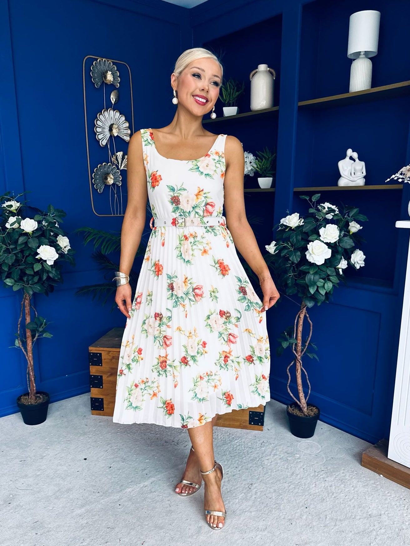 Sorcha Pleated Midi Dress Floral Cream