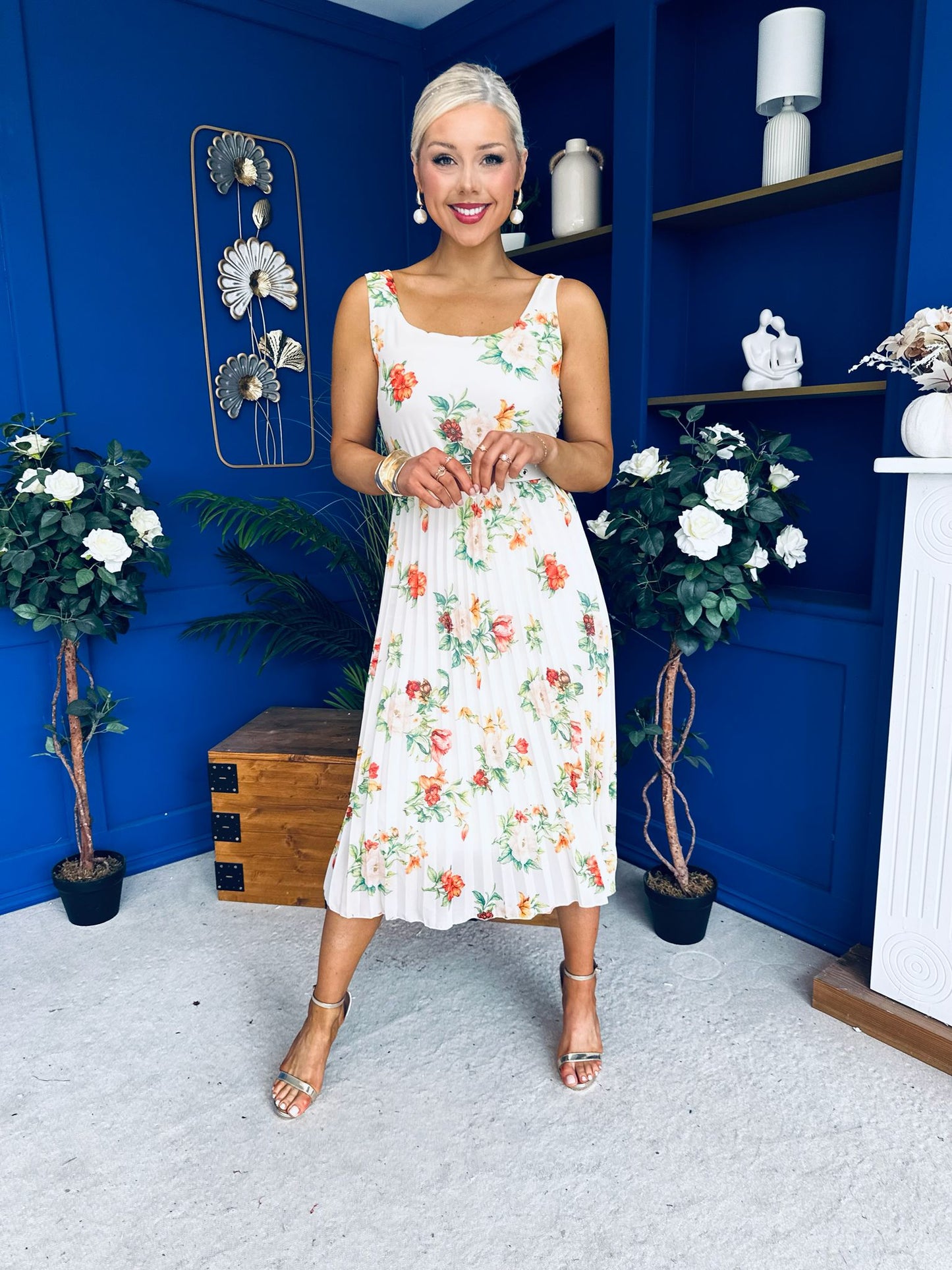 Sorcha Pleated Midi Dress Floral Cream