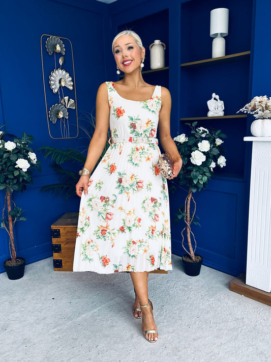 Sorcha Pleated Midi Dress Floral Cream