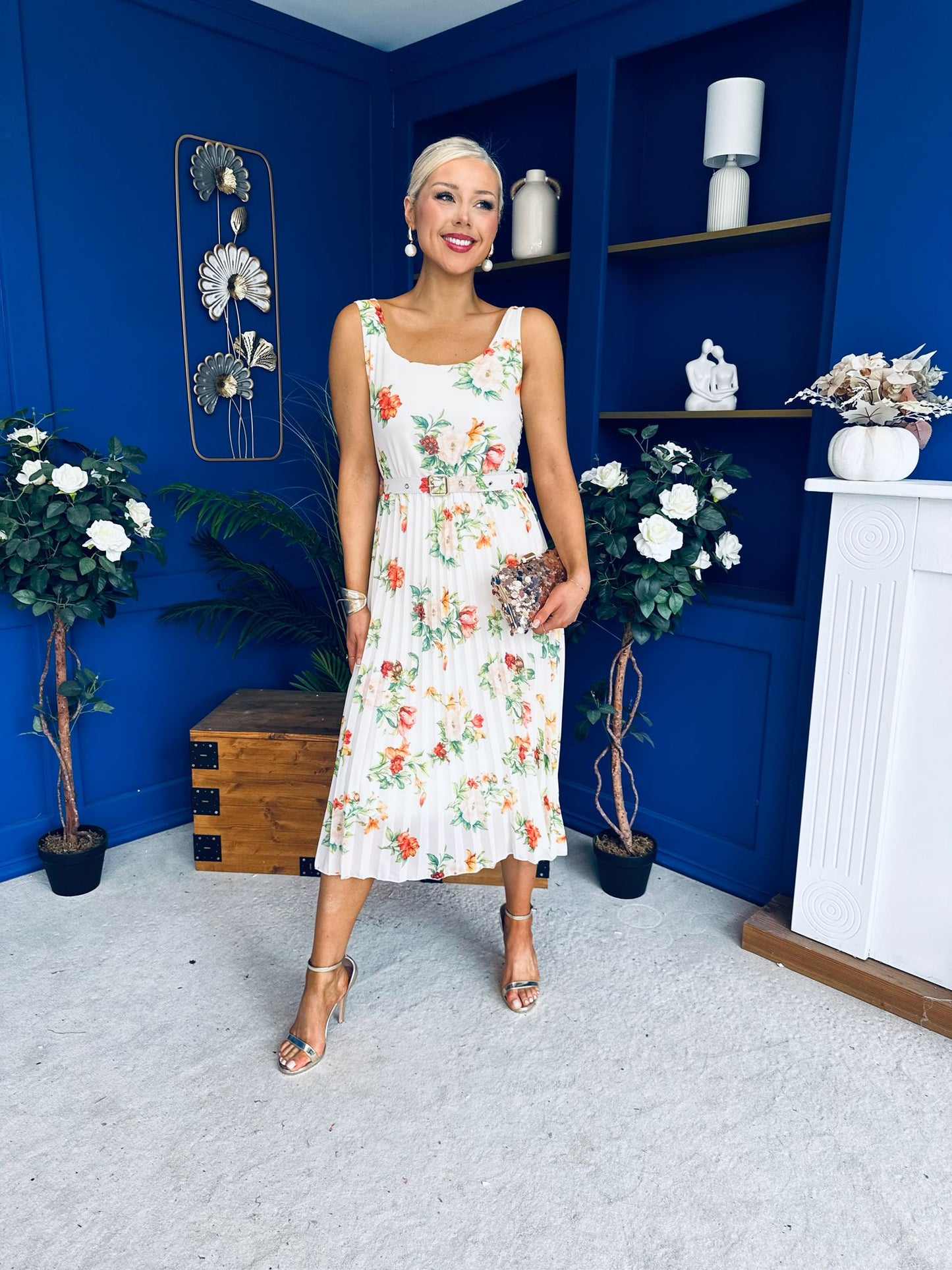 Sorcha Pleated Midi Dress Floral Cream