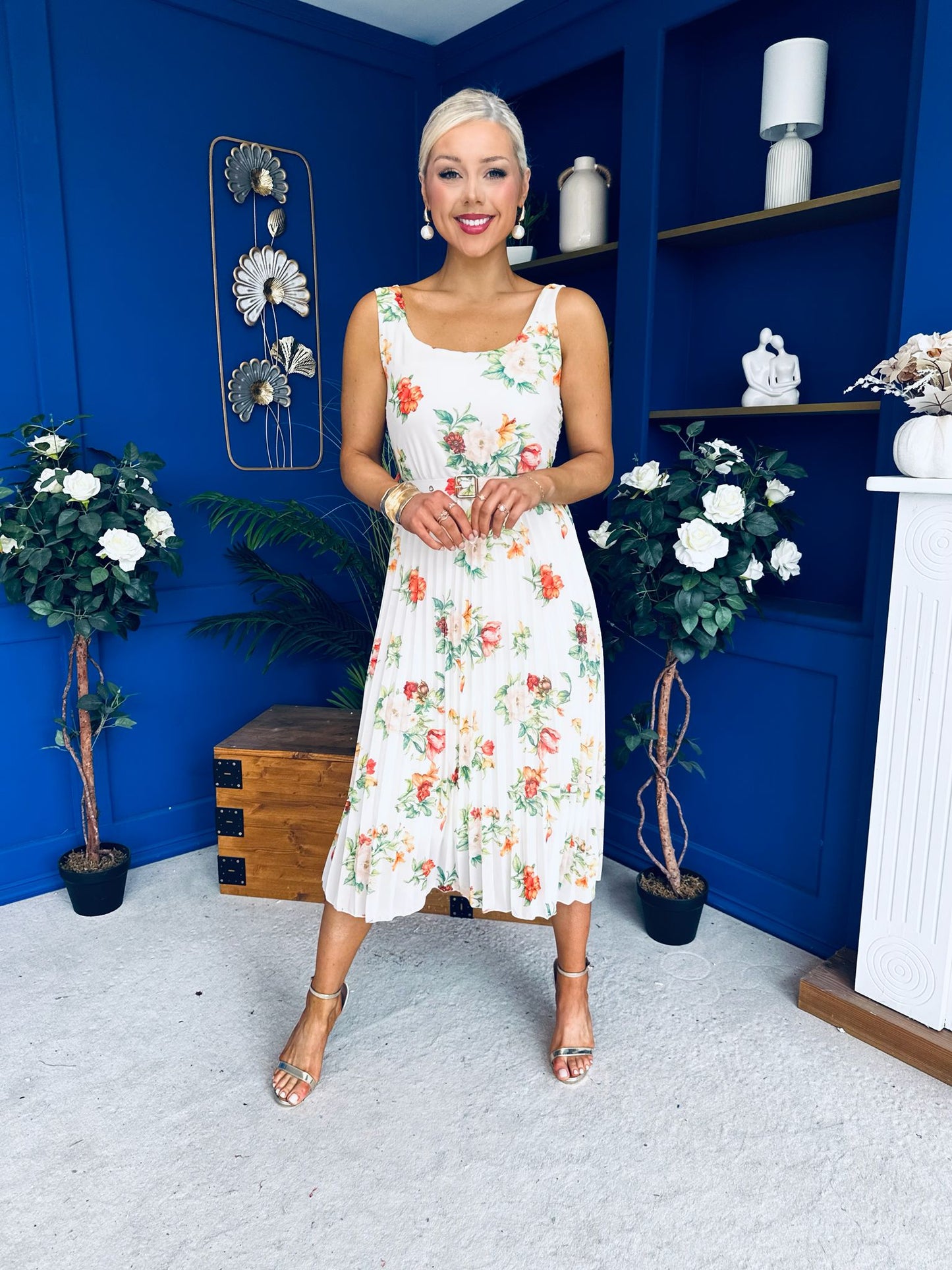 Sorcha Pleated Midi Dress Floral Cream