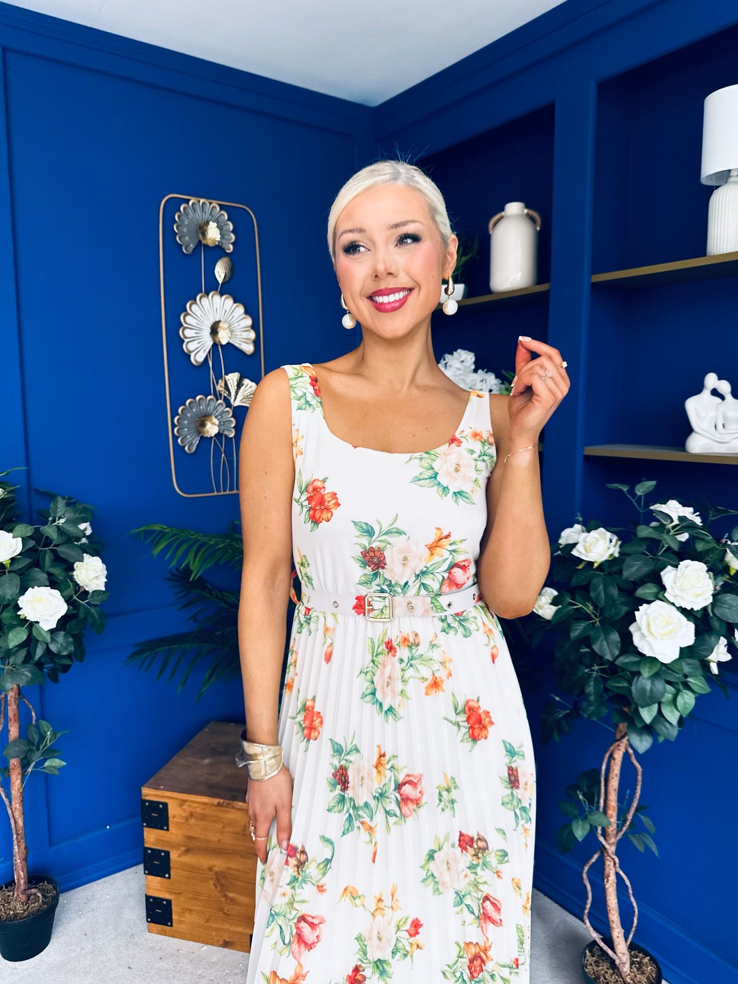 Sorcha Pleated Midi Dress Floral Cream