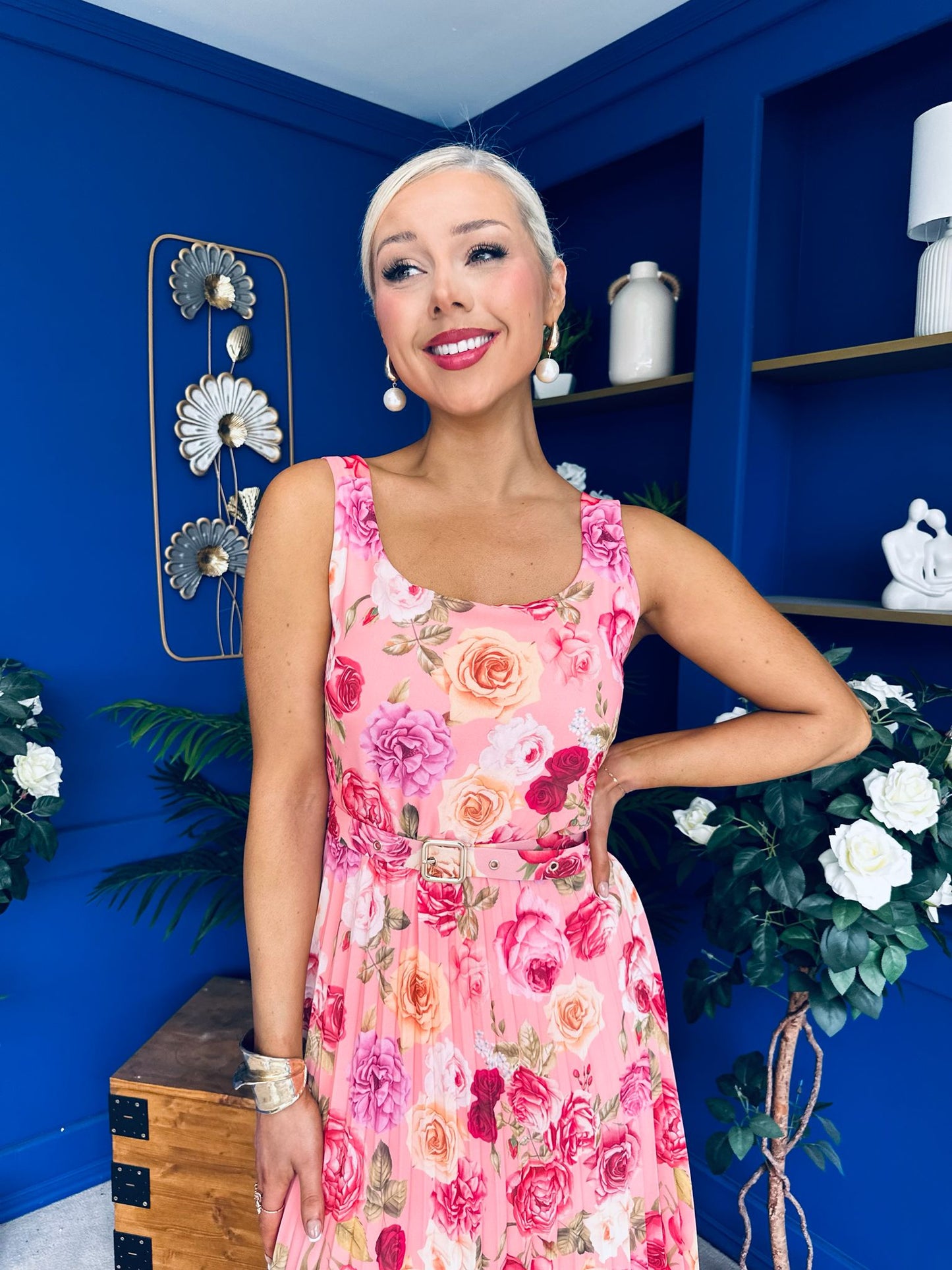 Sorcha Pleated Midi Dress Floral Pink