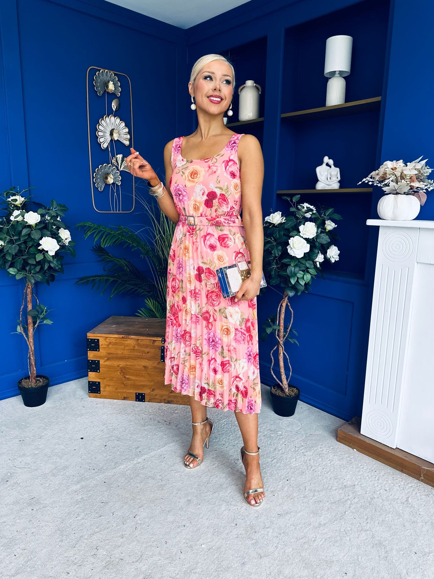 Sorcha Pleated Midi Dress Floral Pink