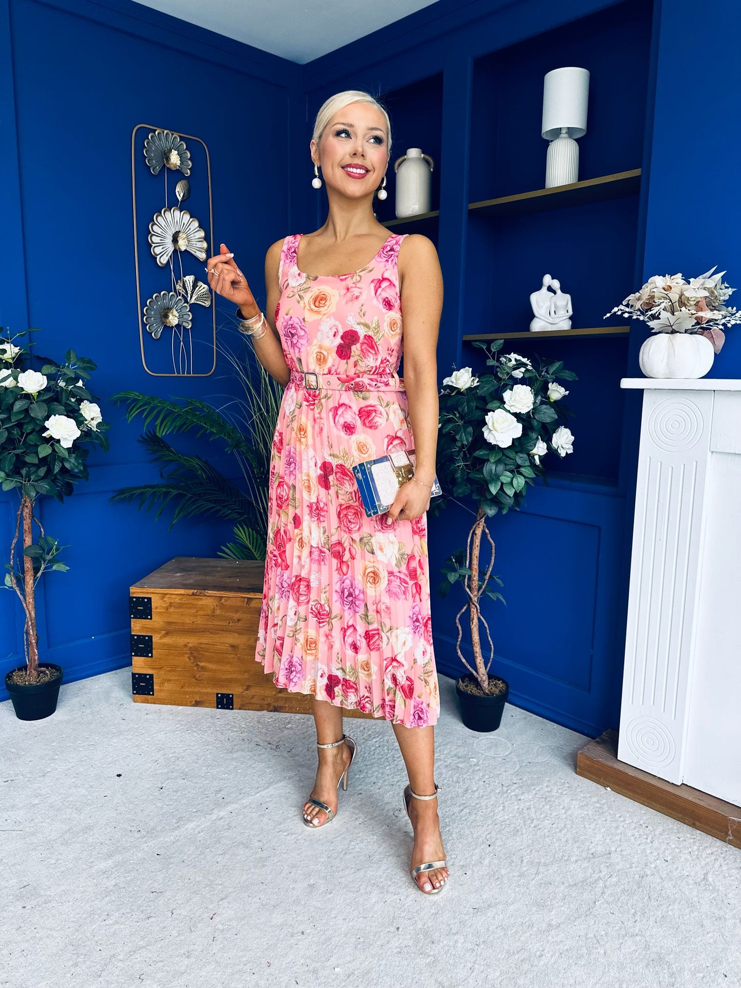 Sorcha Pleated Midi Dress Floral Pink
