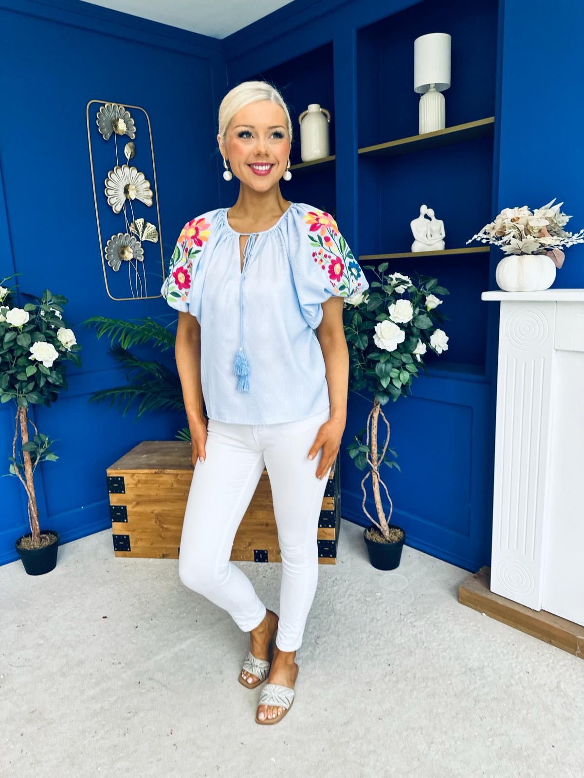 Paulette Embroidered Top Blue