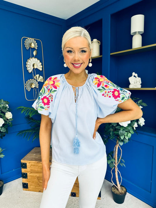 Paulette Embroidered Top Blue