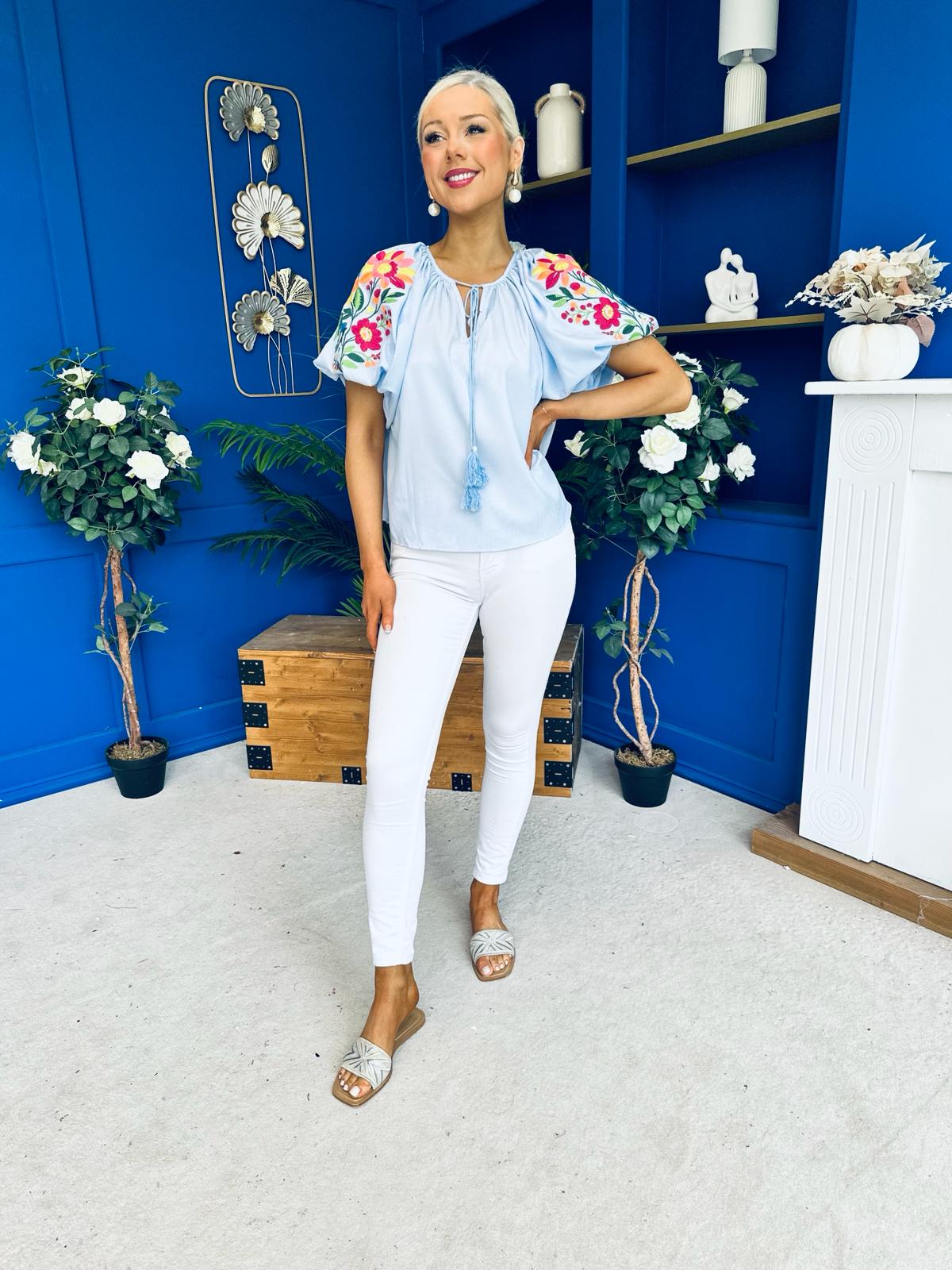 Paulette Embroidered Top Blue