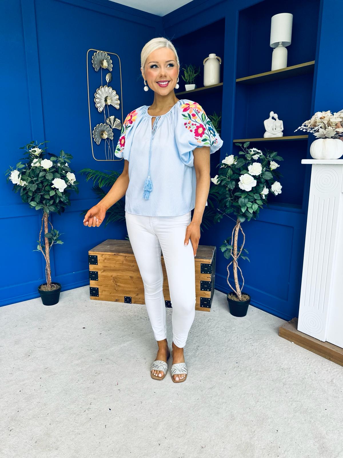Paulette Embroidered Top Blue