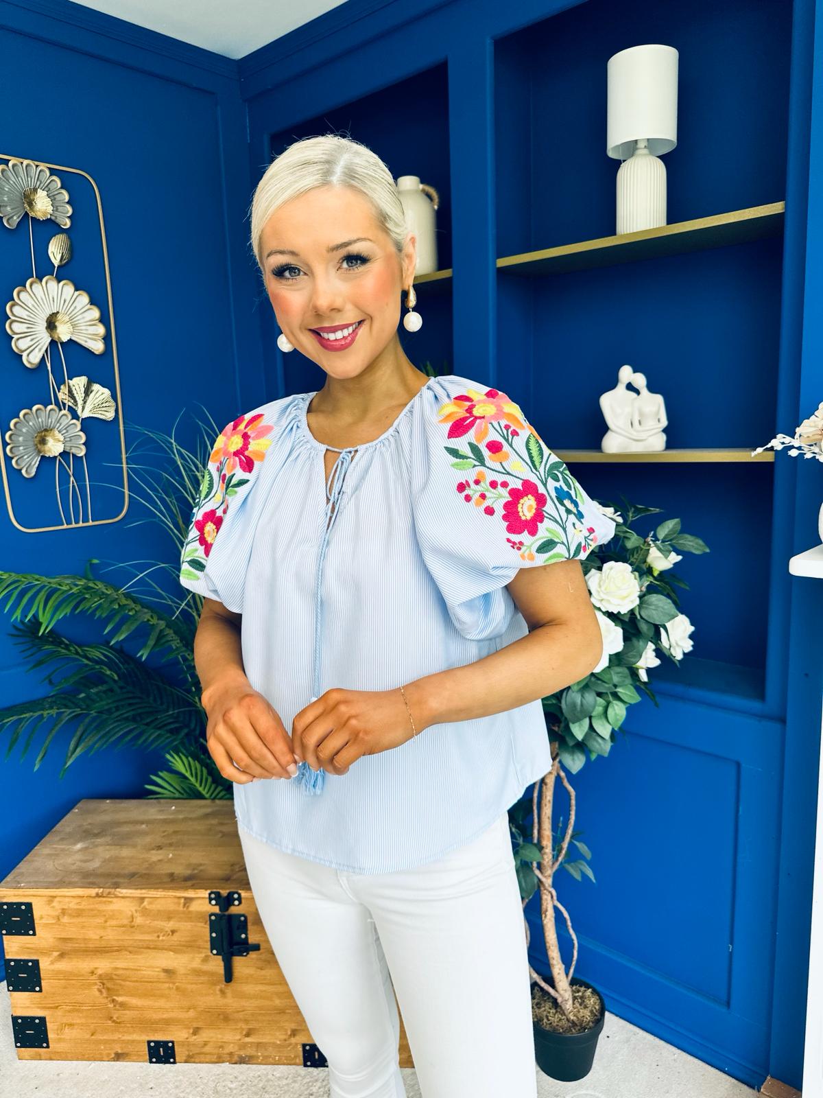 Paulette Embroidered Top Blue