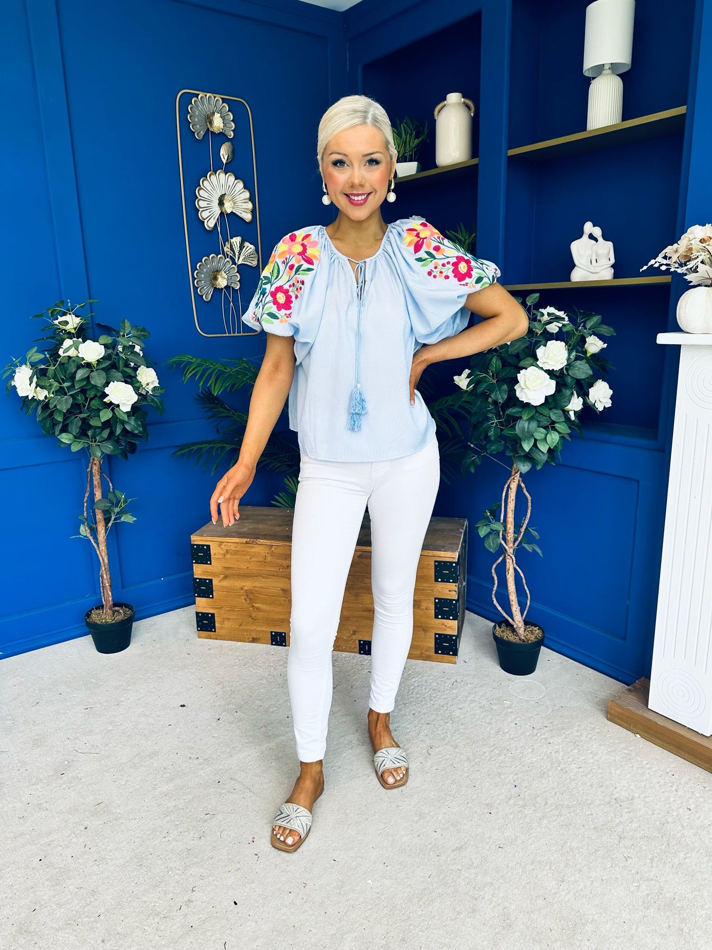 Paulette Embroidered Top Blue