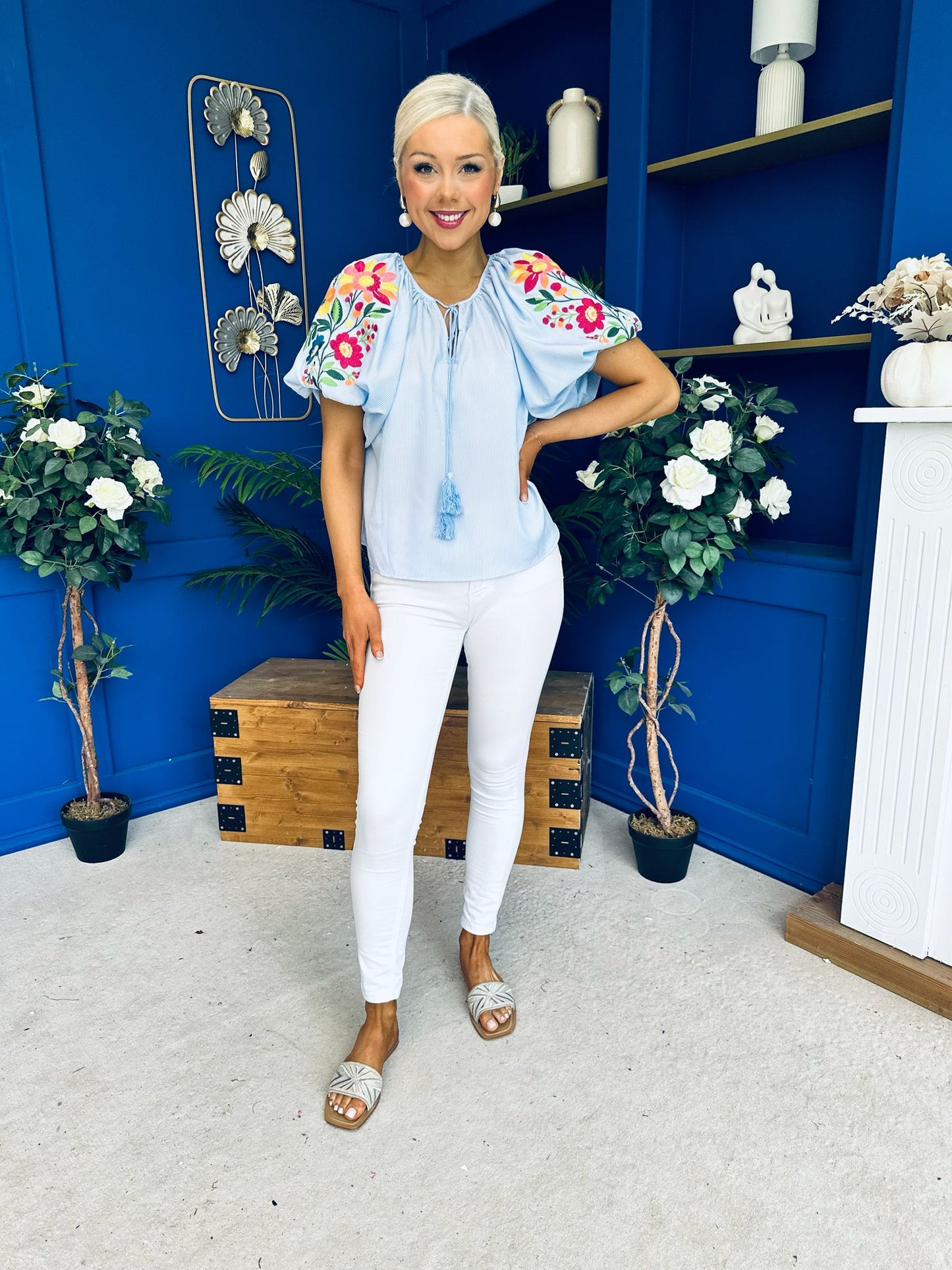Paulette Embroidered Top Blue