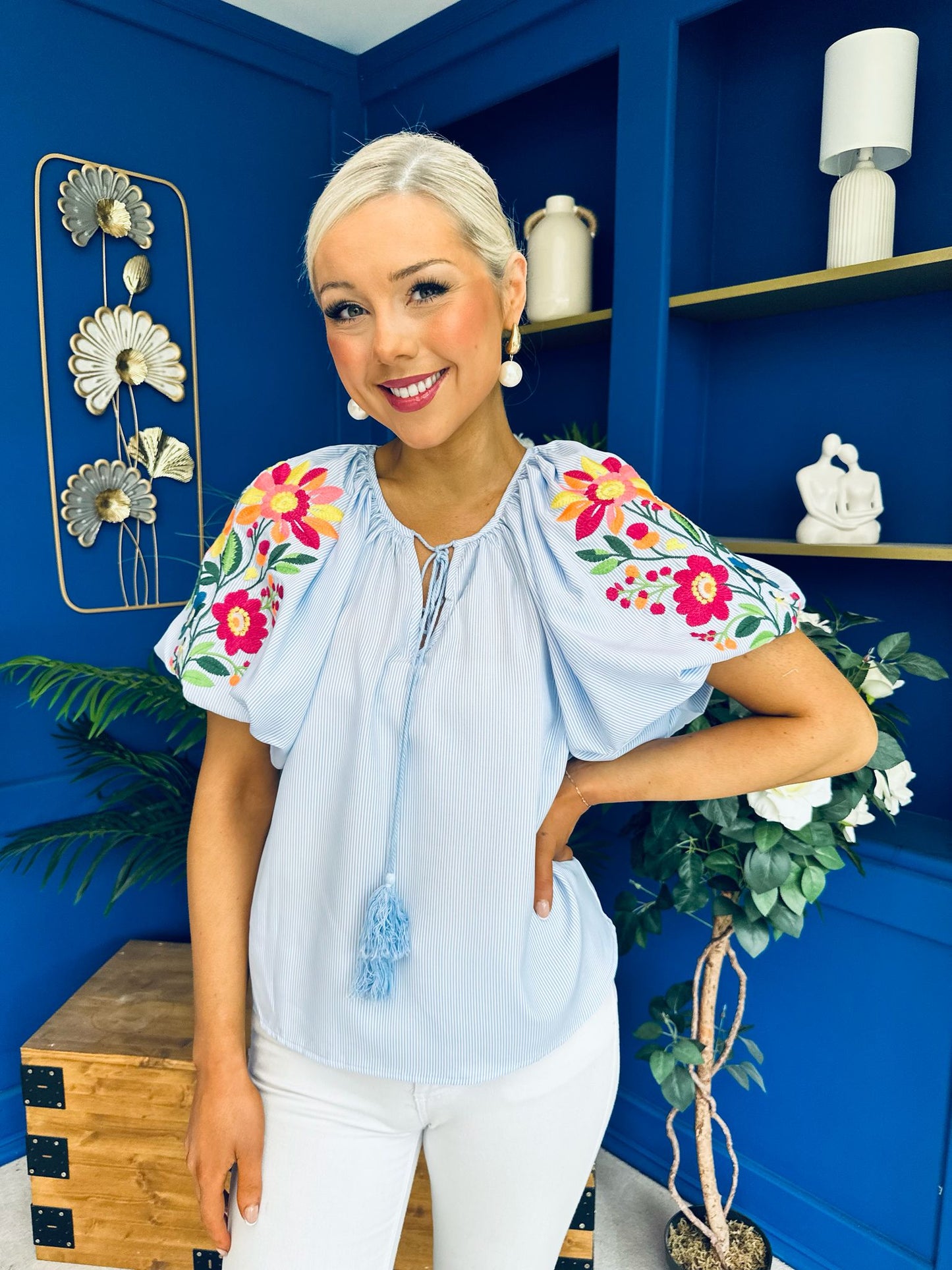 Paulette Embroidered Top Blue