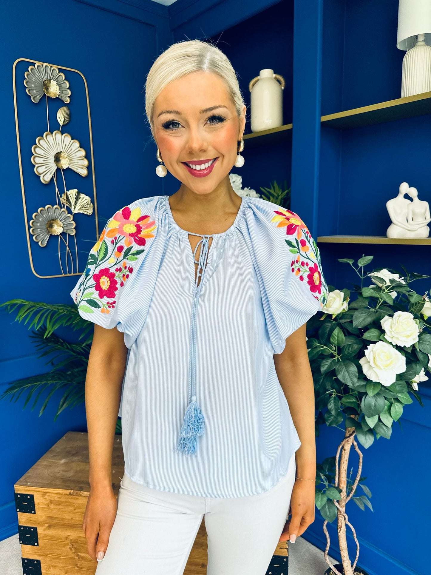 Paulette Embroidered Top Blue