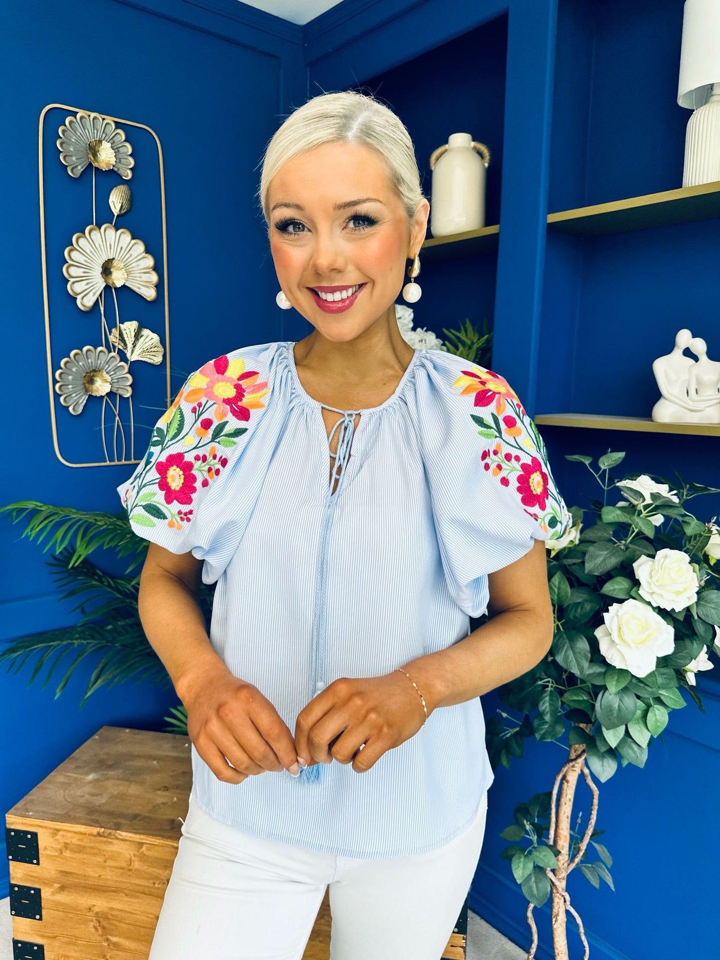 Paulette Embroidered Top Blue