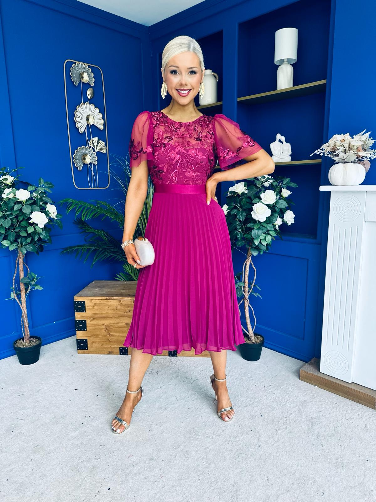 Pamela Sequin Bust Occasion Midi Dress Berry