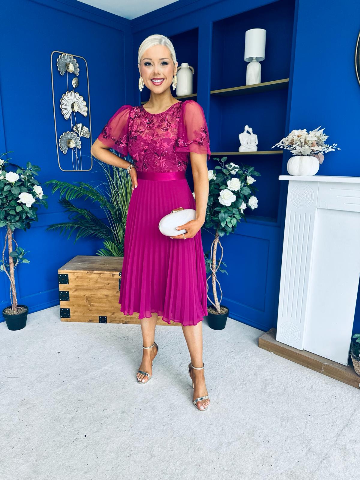 Pamela Sequin Bust Occasion Midi Dress Berry