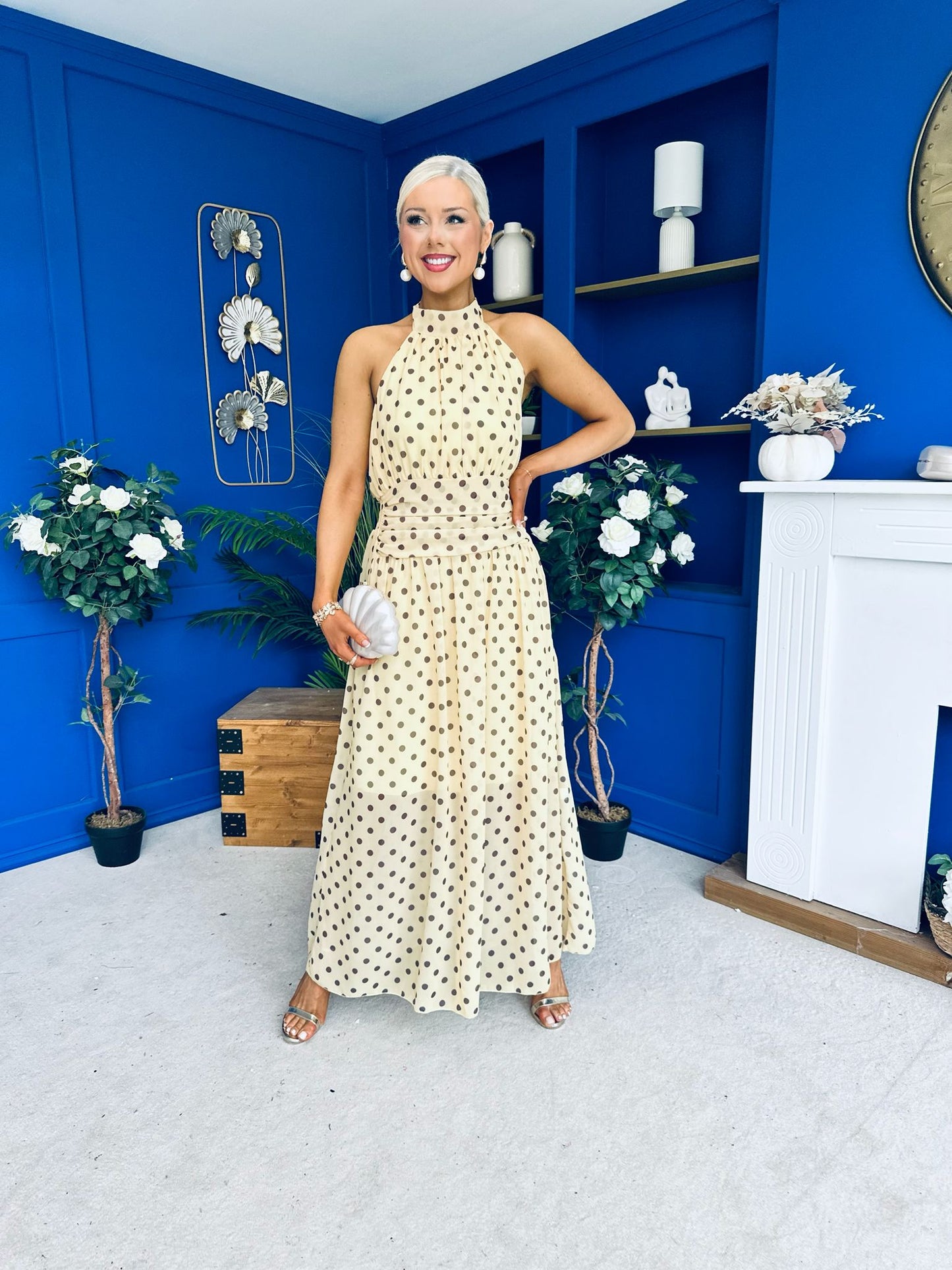 Trinity Banded Halterneck Dress Polka Yellow