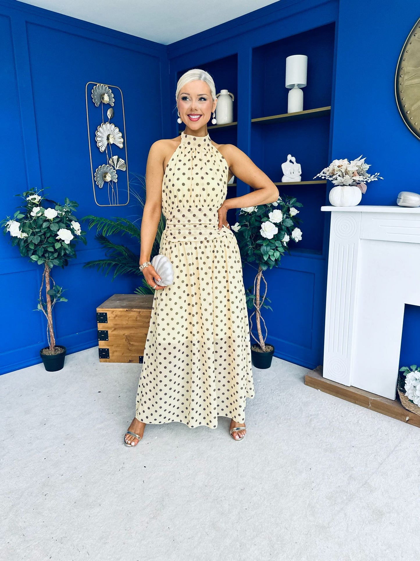 Trinity Banded Halterneck Dress Polka Yellow