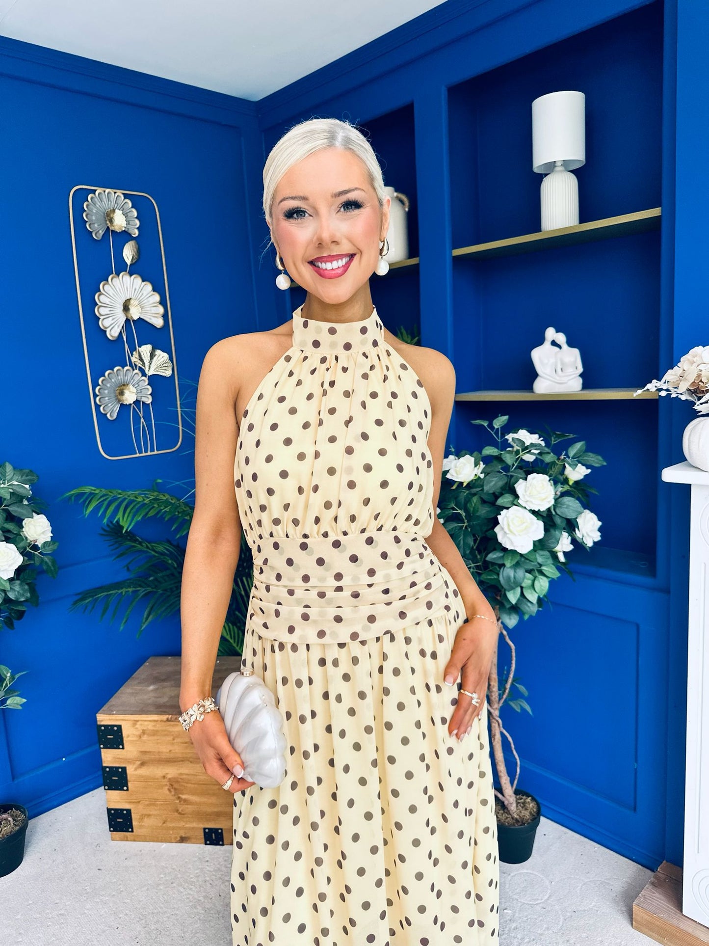 Trinity Banded Halterneck Dress Polka Yellow