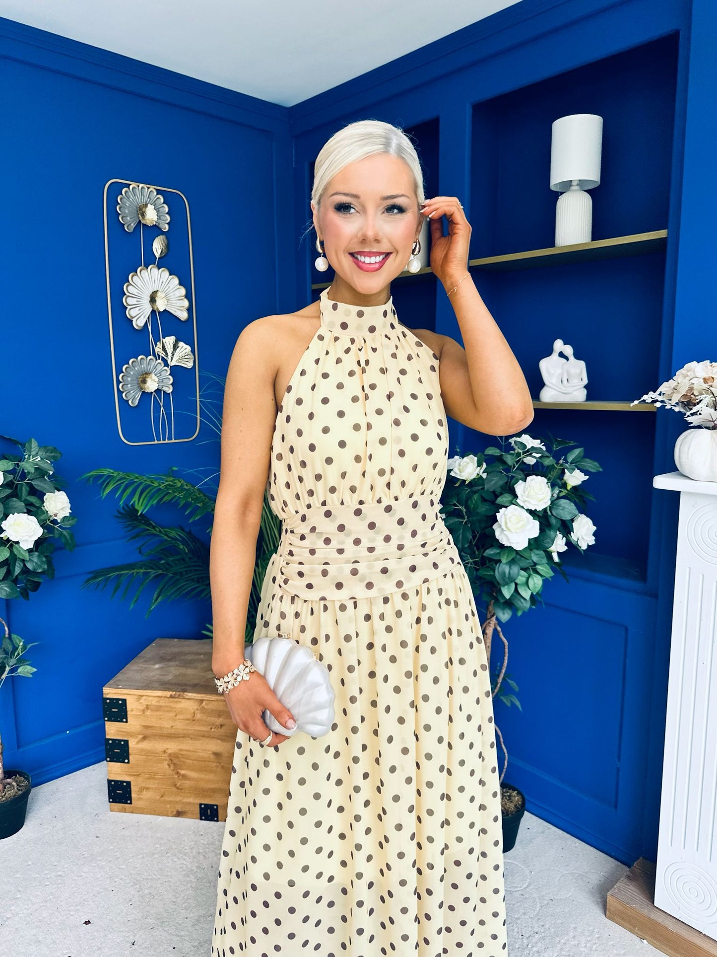Trinity Banded Halterneck Dress Polka Yellow